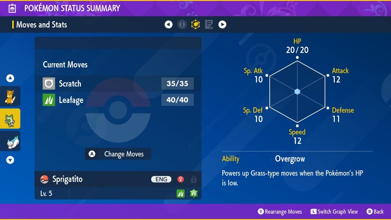 Liko&rsquo;s Sprigatito Pokemon Status Summary in Pokemon Scarlet and Violet.