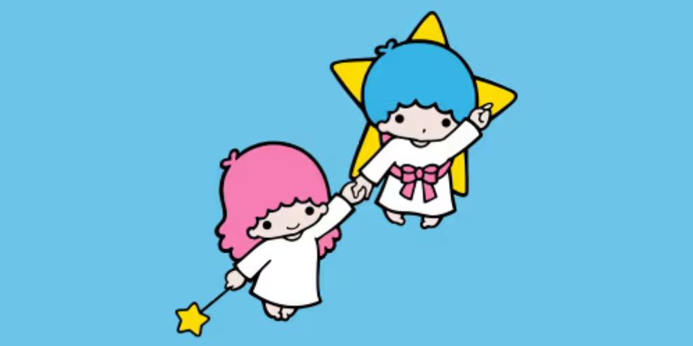 Little Twin Stars Holding Hands While Flying With A Blue Background