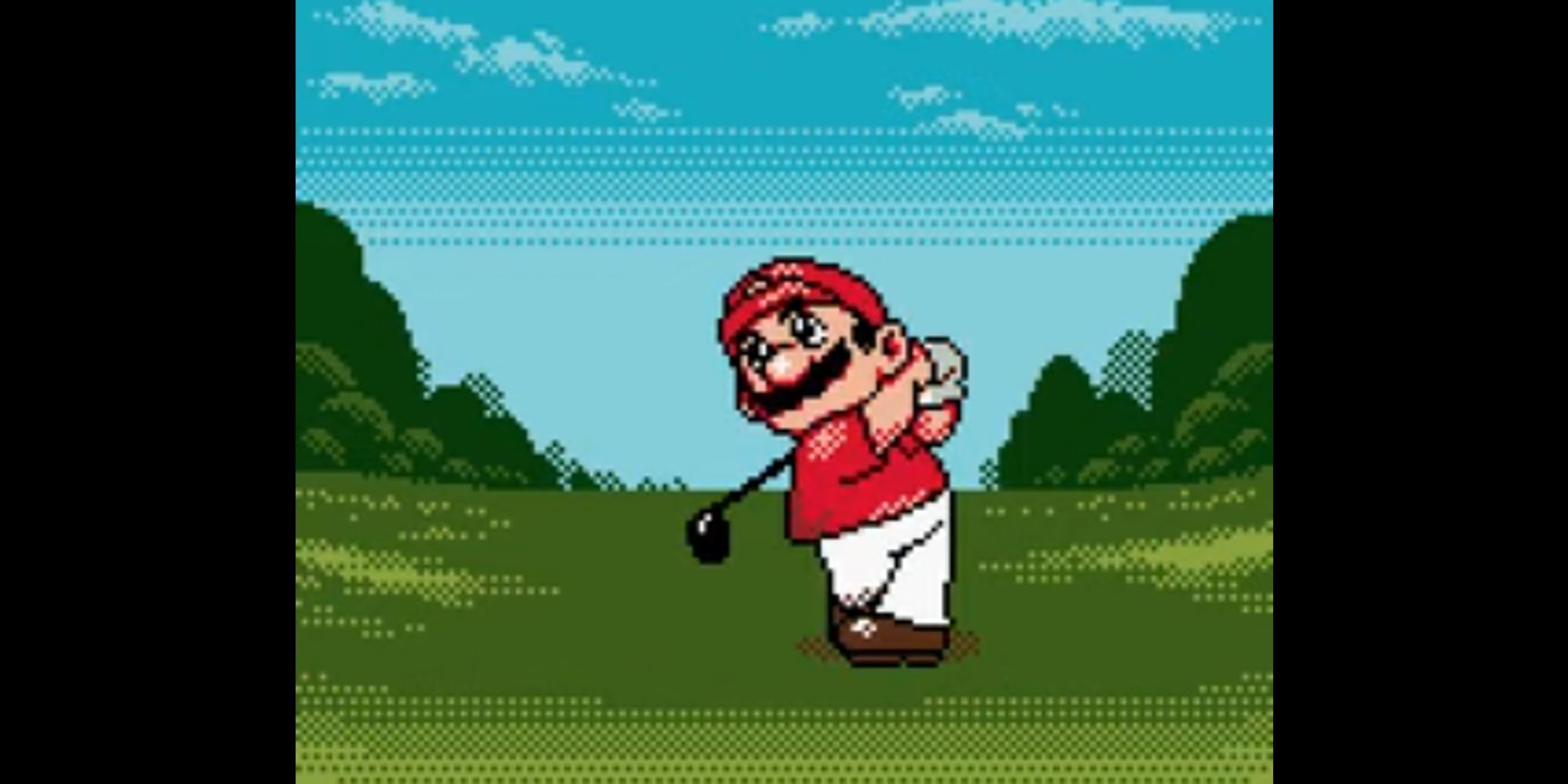 Mario swings a golf club on a green course