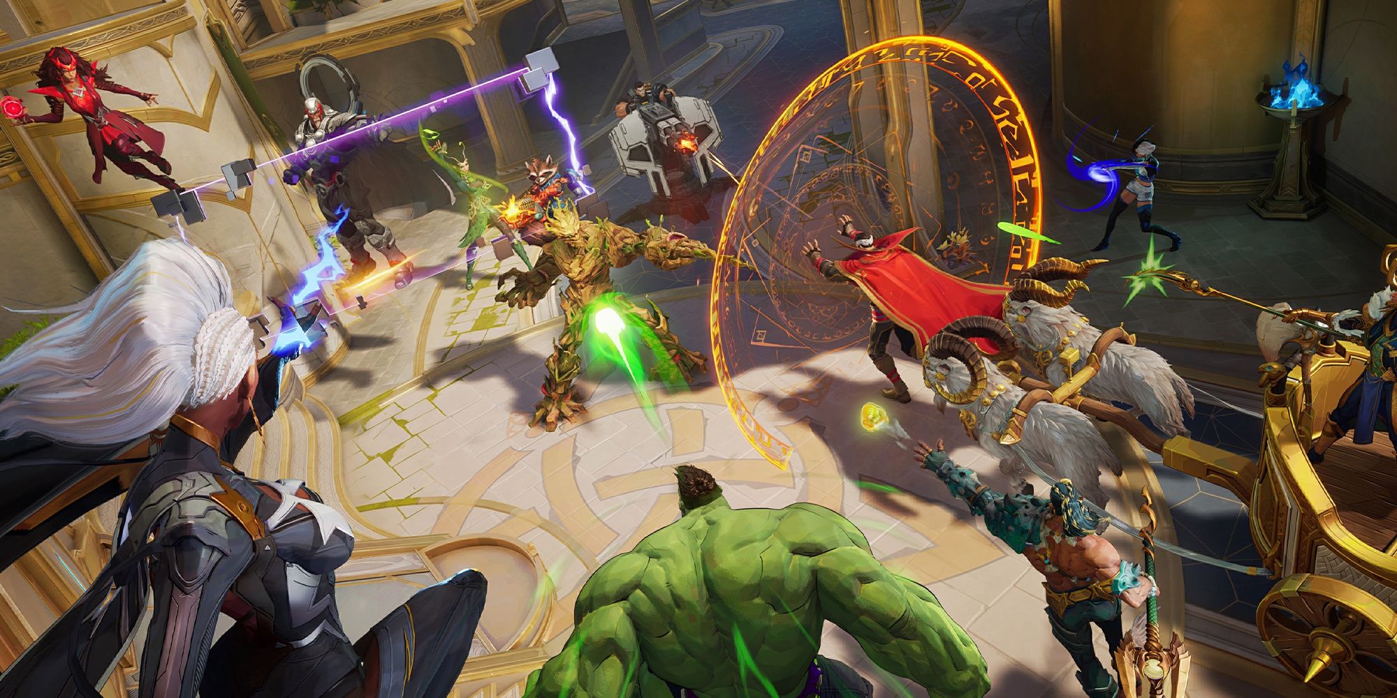 Marvel Rivals screenshot of Hulk, Namor, Loki, Doctor Strange, and Storm fighting Groot, Rockket, Mantis, and Scarlet Witch