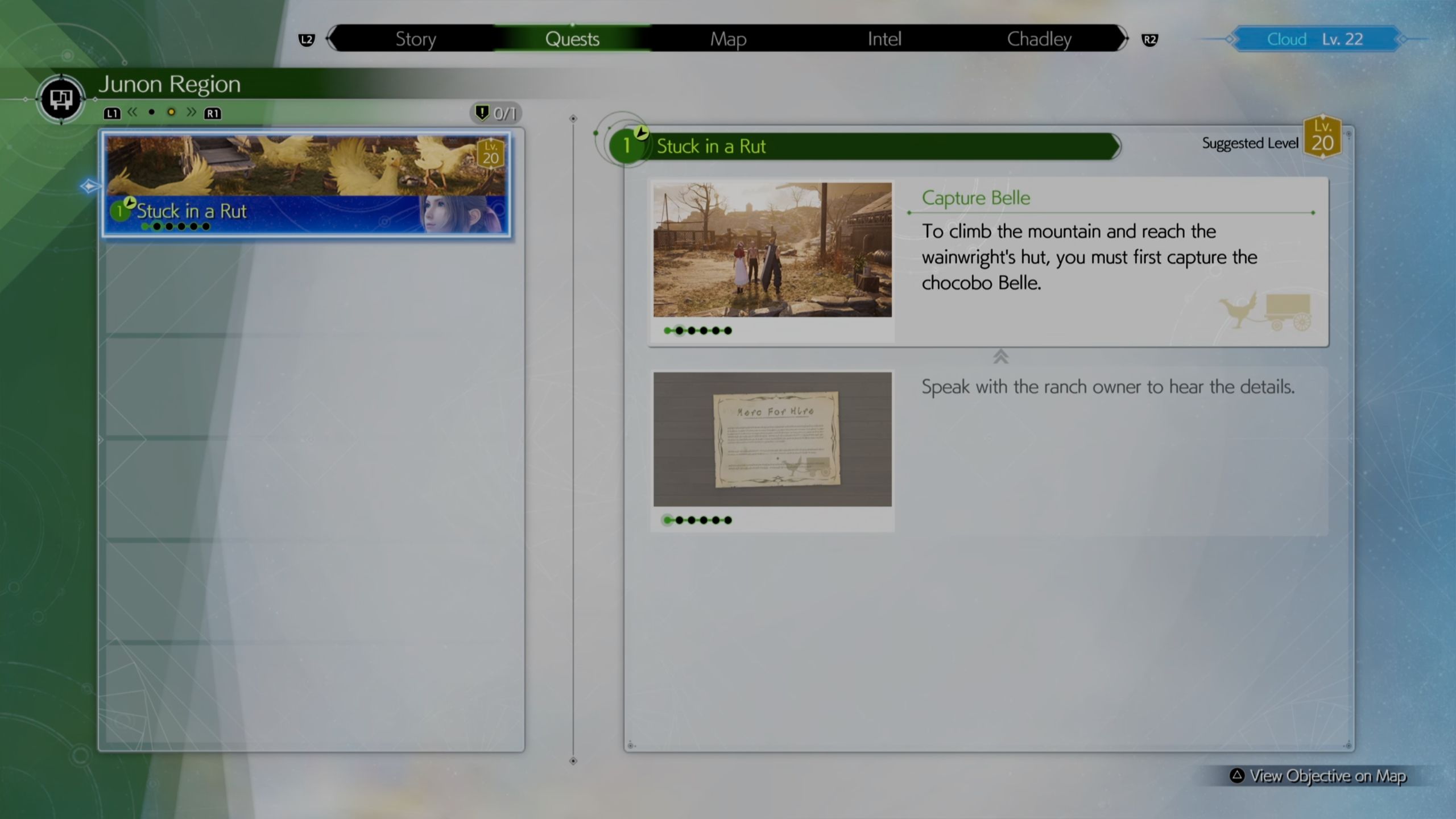 Menu showing the Stuck in a Rut side quest on the menu - FF7 Rebirth