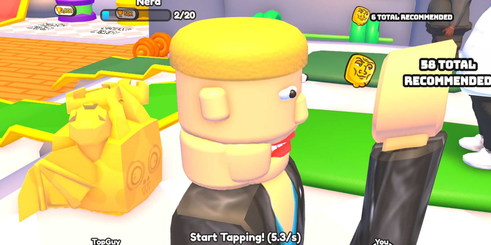 A charismatic Roblox character strokes his chin in a Mew-off in Mewing Simulator.