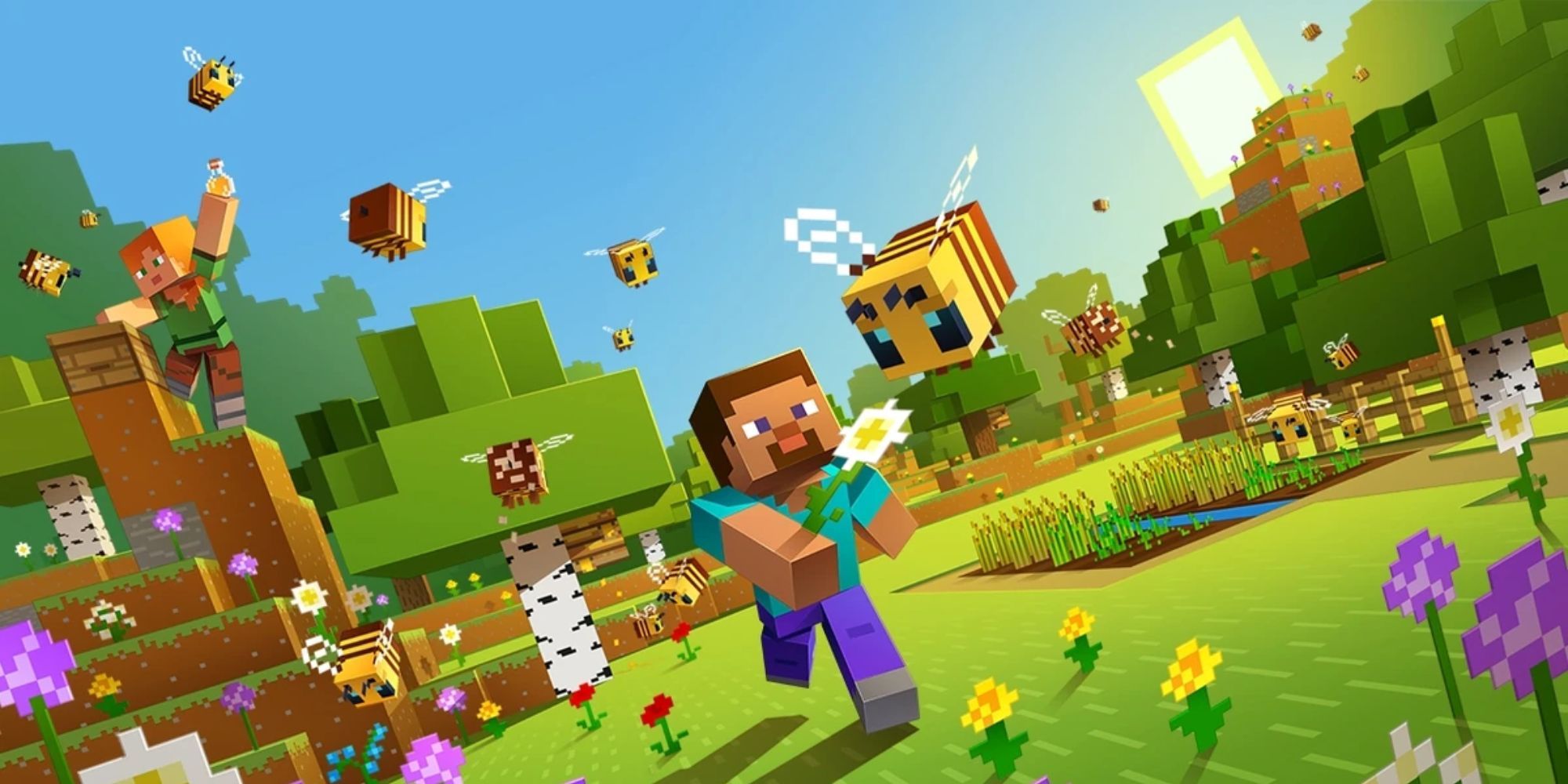 Minecraft'smain character chasing a beee in a field with flowers