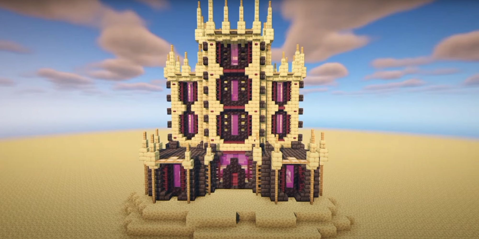 An image from Minecraft of an End Castle Tutorial, which utilizes blcoks from the End to create a domineering base.