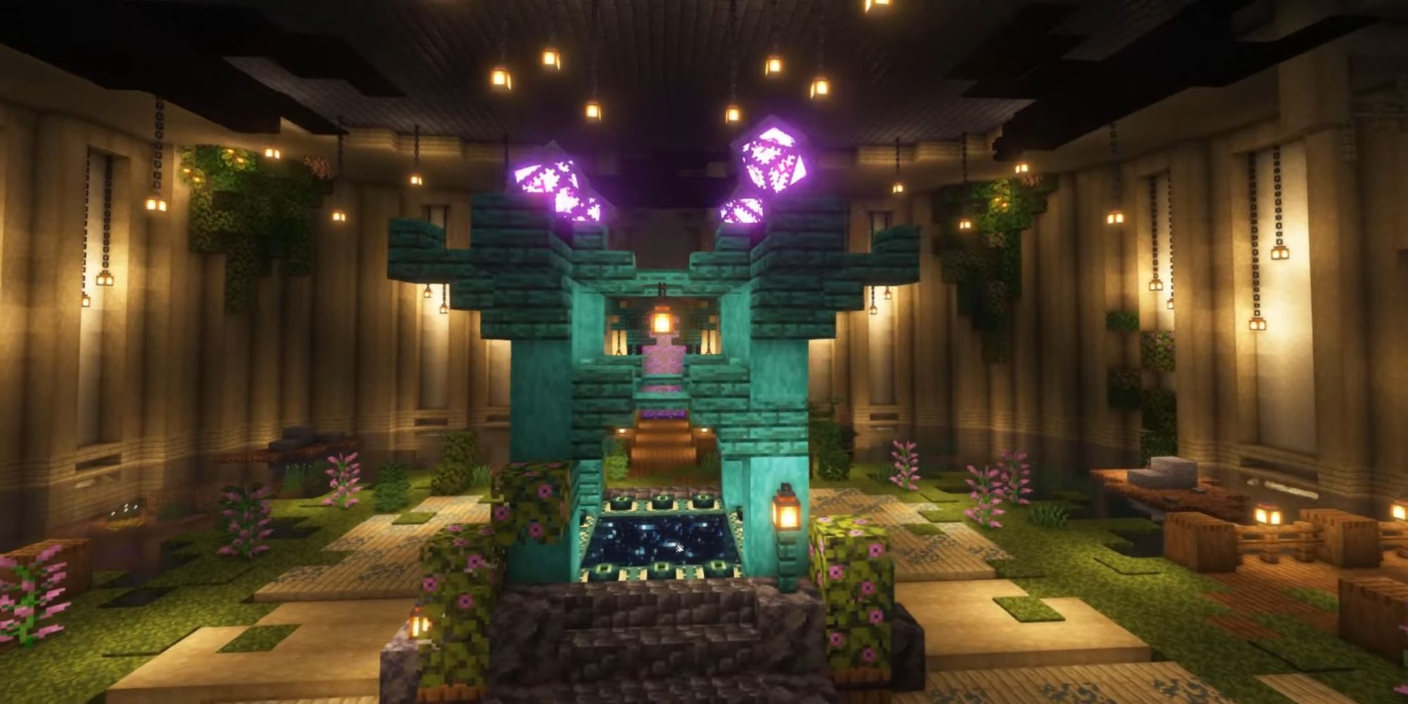 An image from Minecraft of a fully decorated End Portal Room. This tutorial tranforms the bland End Portal into a room deocrated with natural elements. 