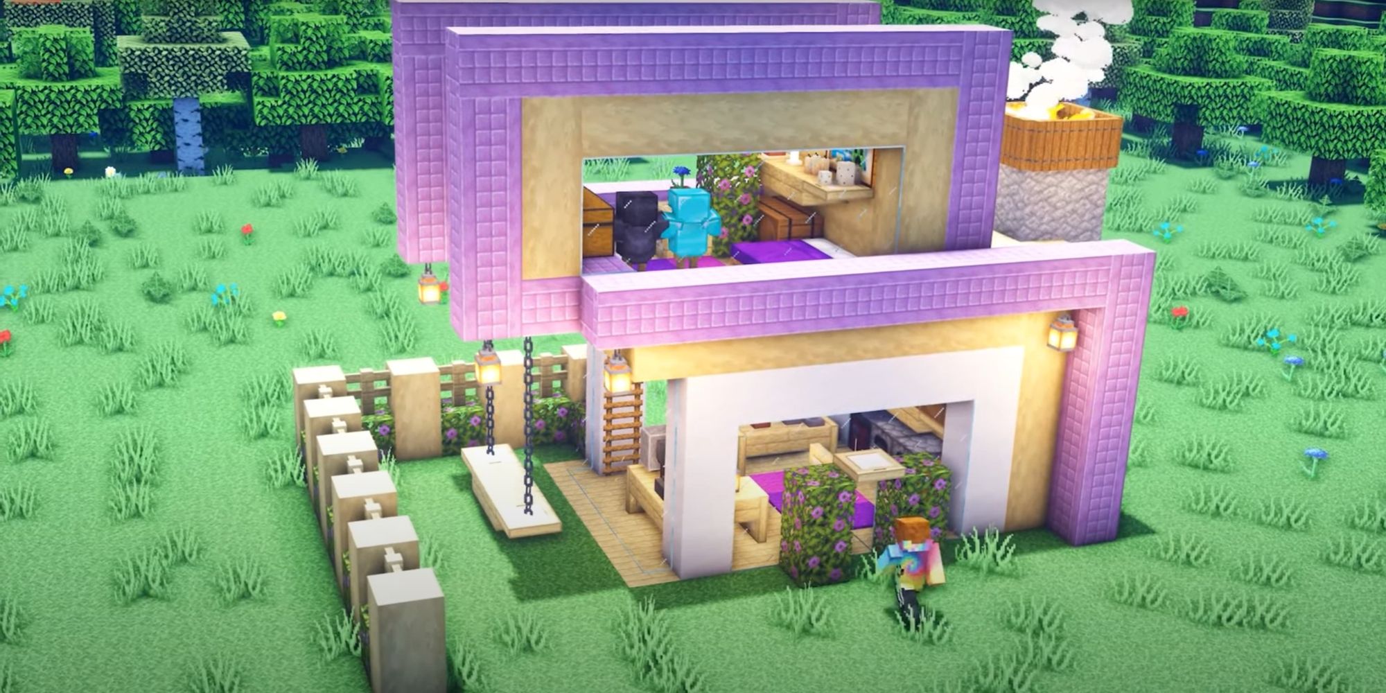 An image from Minecraft of an  End Starter Home build tutorial. This is a classic modern starter home built with blocks taken from the End Dimension.