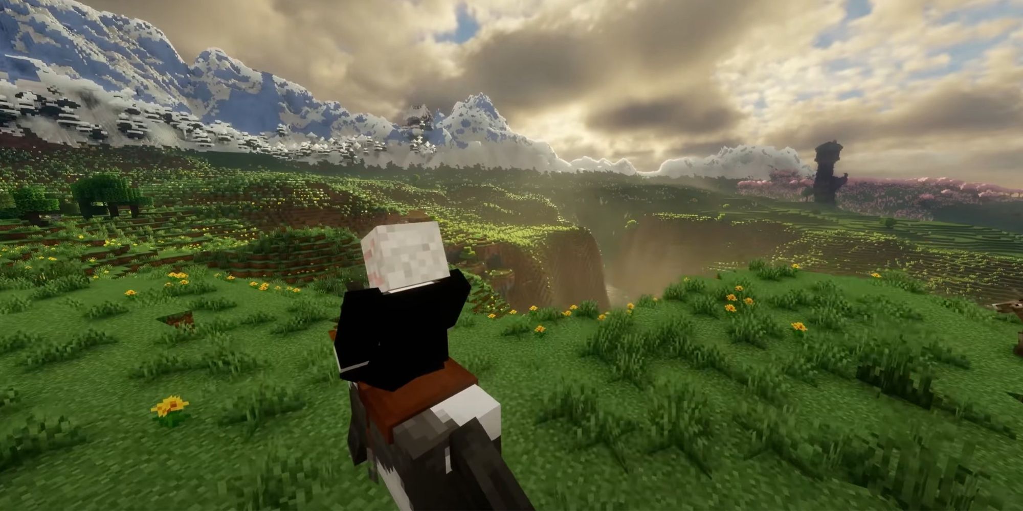 Minecraft player riding a horse across plains witth icy mountains and a forest in the distance, next to a river valley