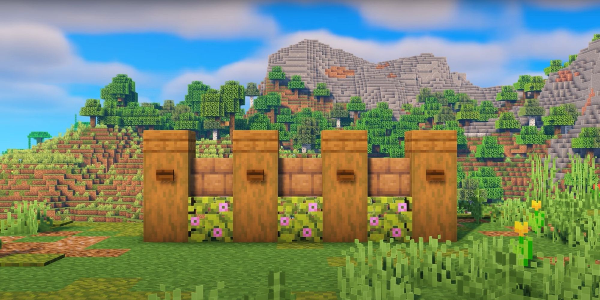 An image from Minecraft of a Village Wall Design, which can be edited to match the aesthetic of your village.