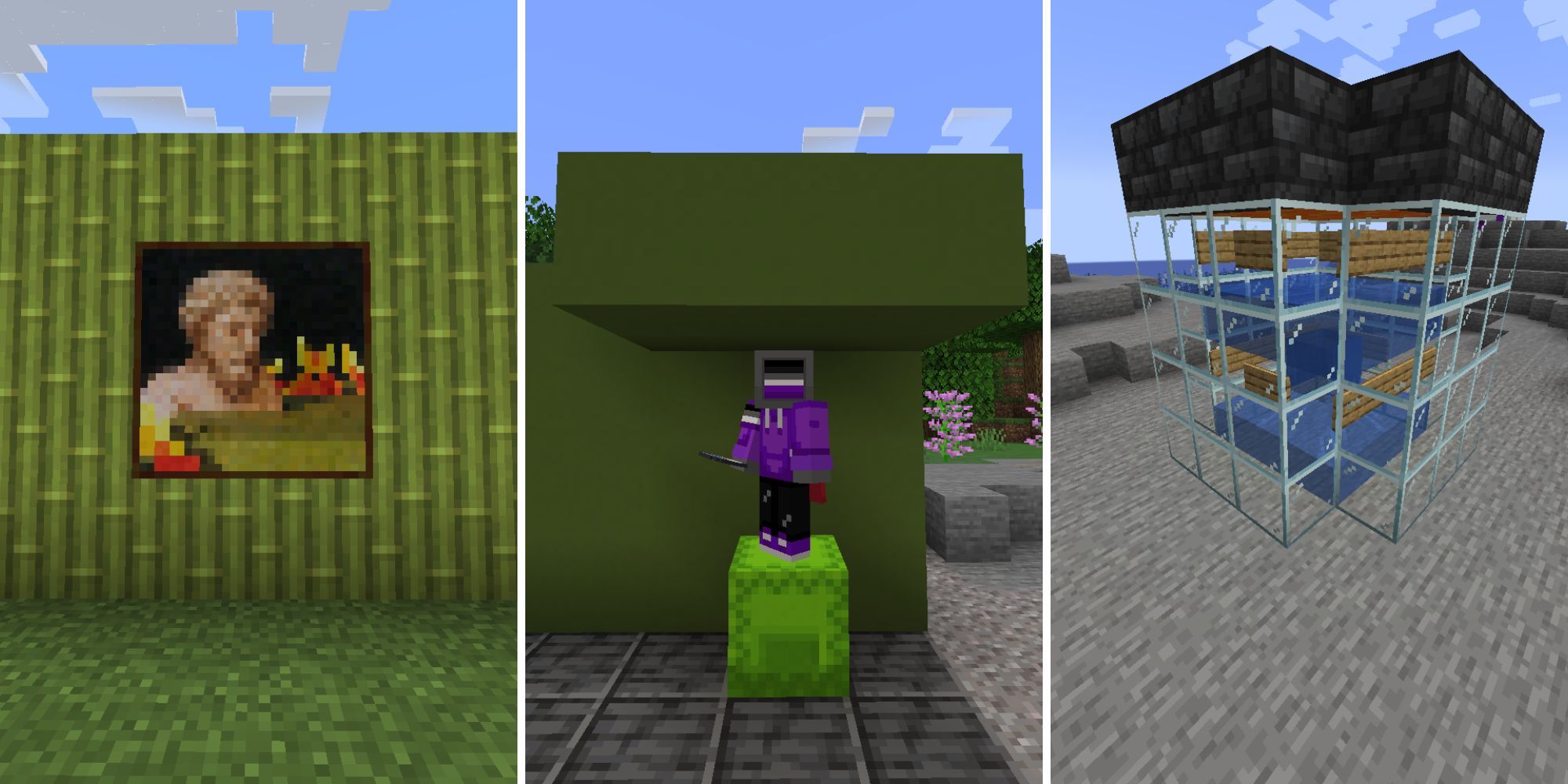 A split image of a bamboo wall with a painting on it, a player standing on a lime green shulker box, and a short glass tower with lava and water in it.