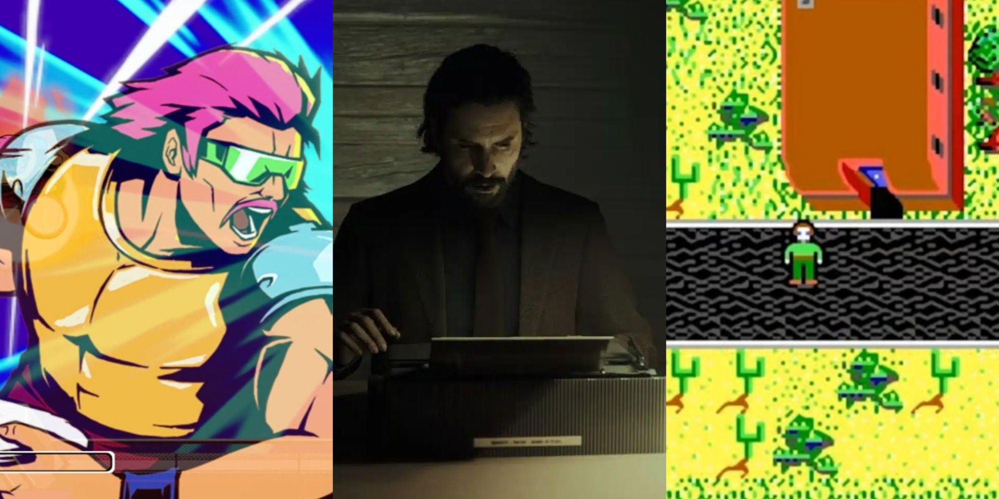 Three-image collage of a pink-haired character in Windjammers 2 tossing a disk, Alan at the typewriter in Alan Wake 2, and the main character on a deserted street in Wasteland (1988).