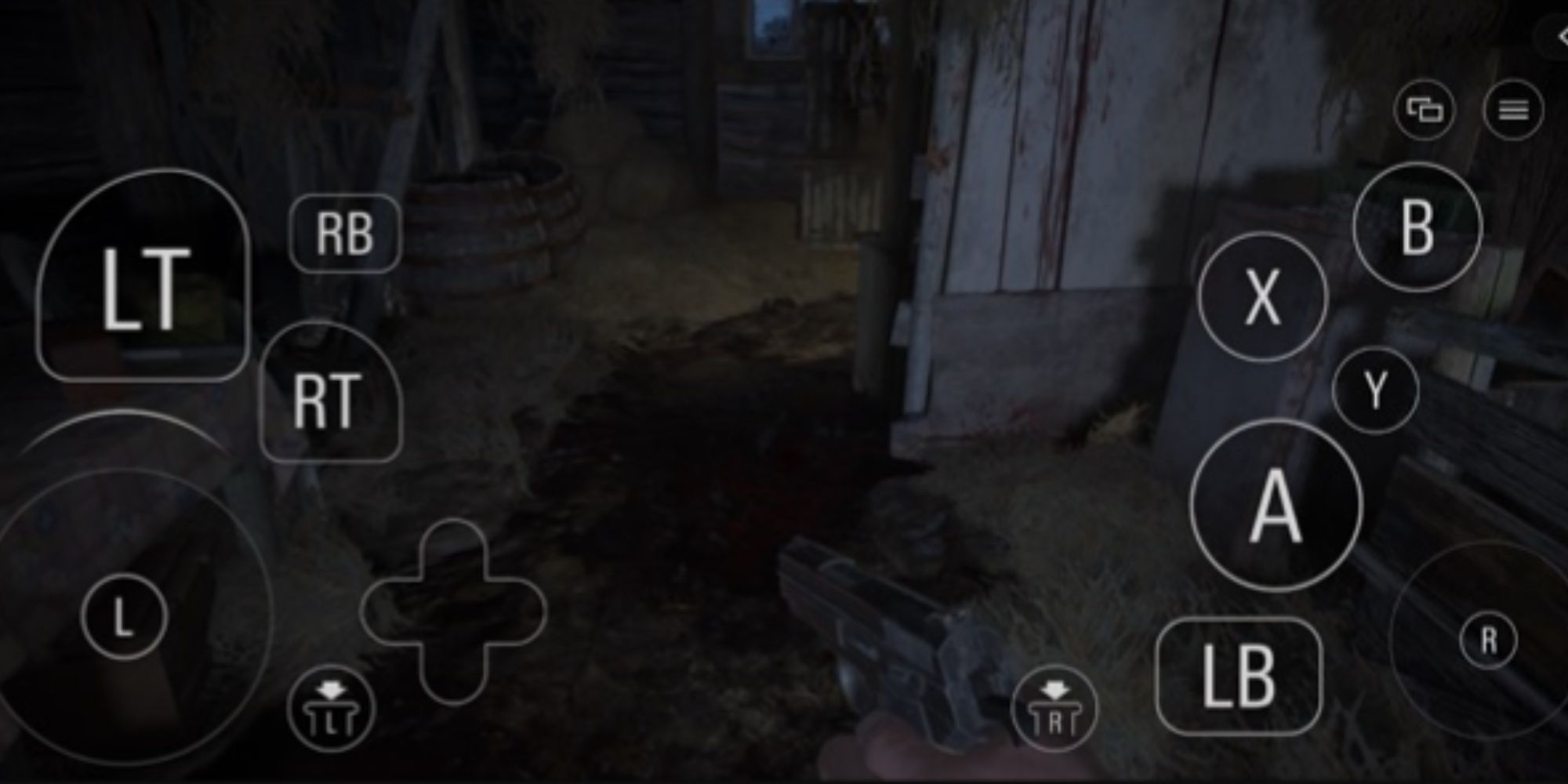 Ethan holding a handgun walking into a room in RE Village, with the controls UI displaying on-screen.