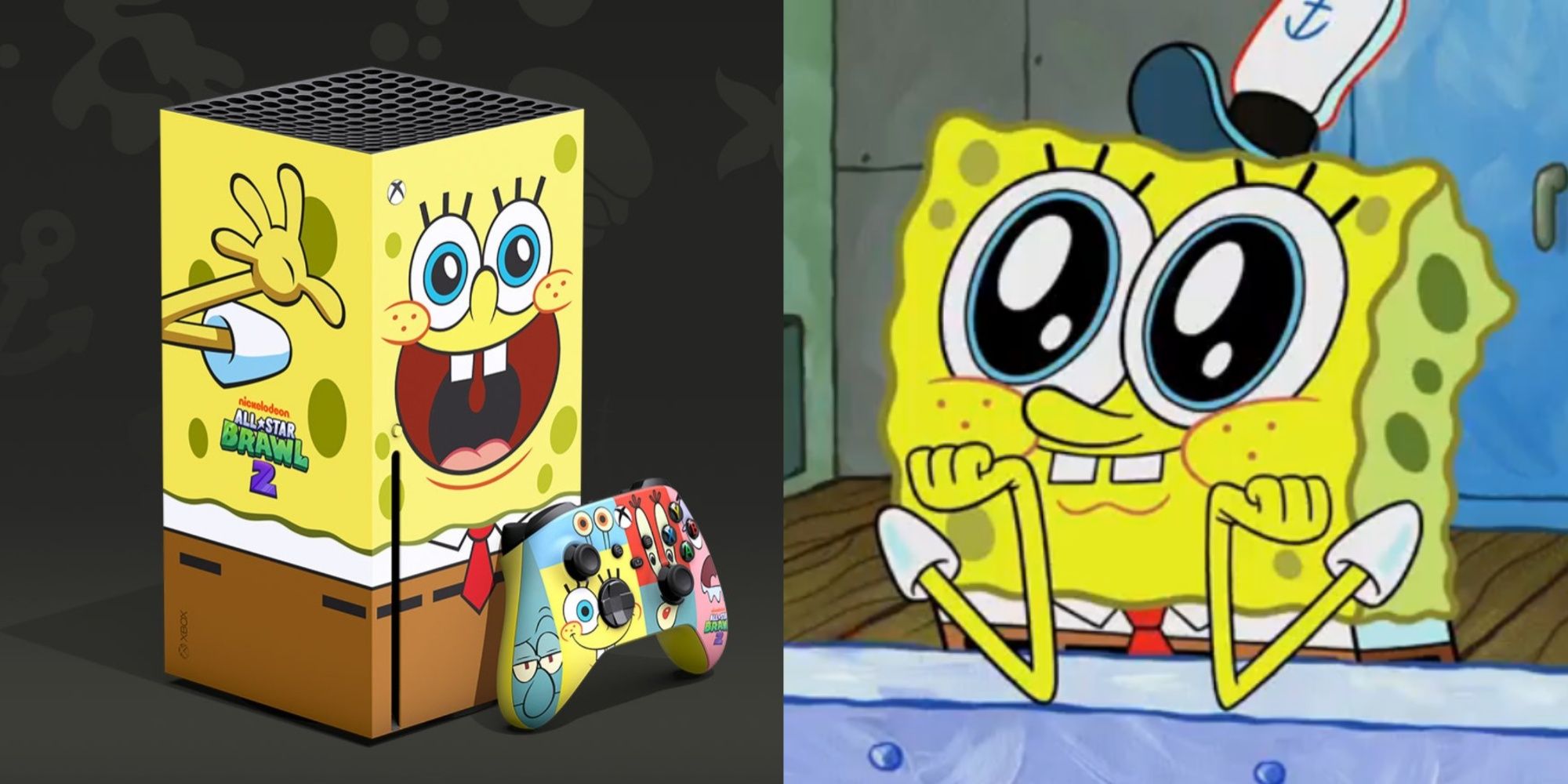 spongebob squarepants series x with matching controller, and spongebob with big eyes