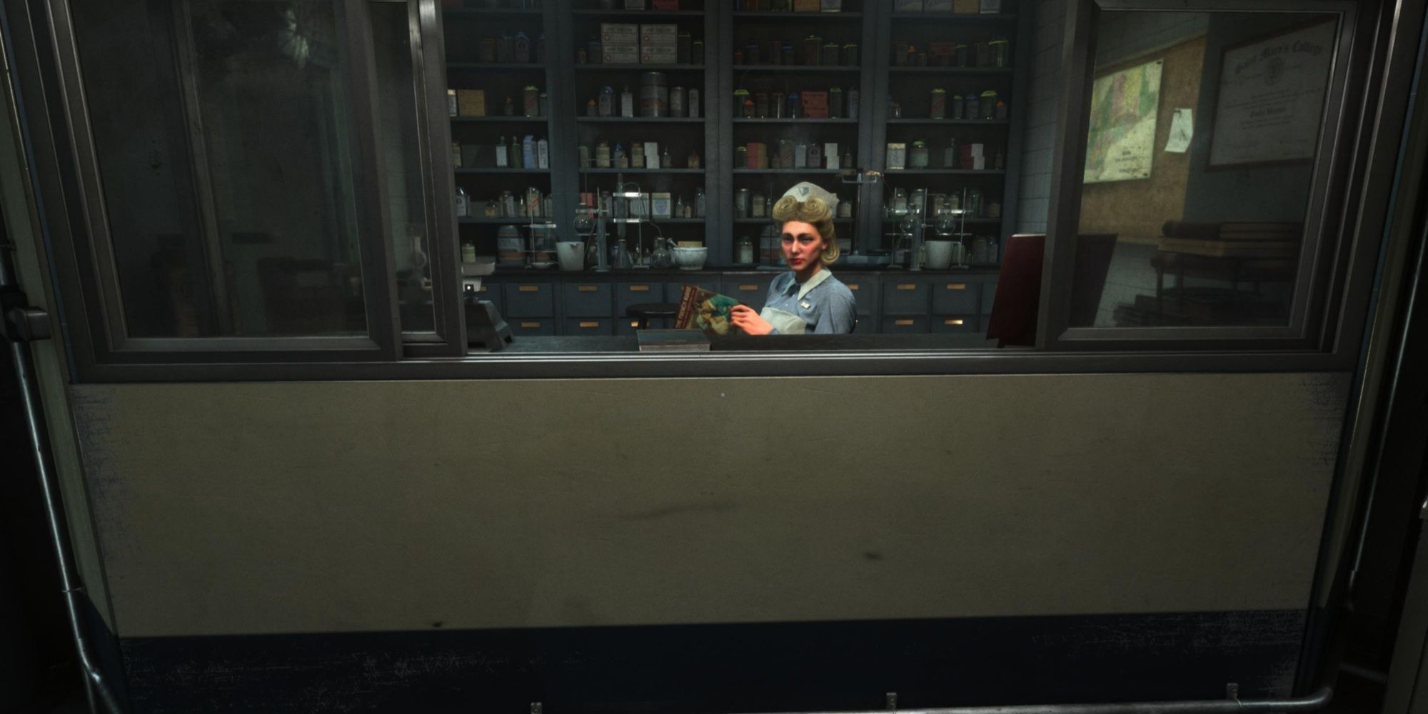 Emily sitting at the Pharmacy, ready to sell medication in The Outlast Trials.