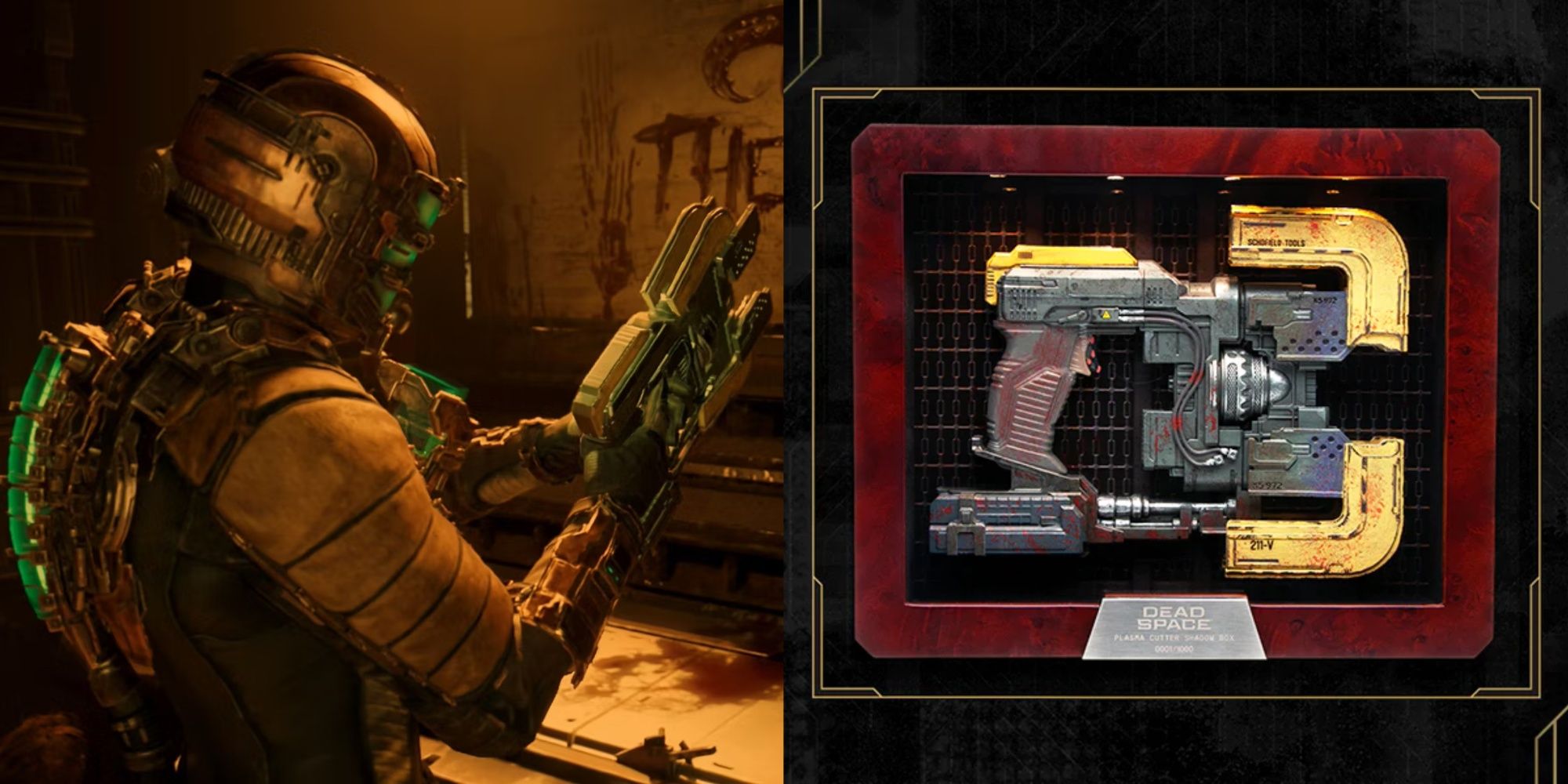 isaac clarke with the plasma cutter in dead space, and a shadowboxed plasma cutter