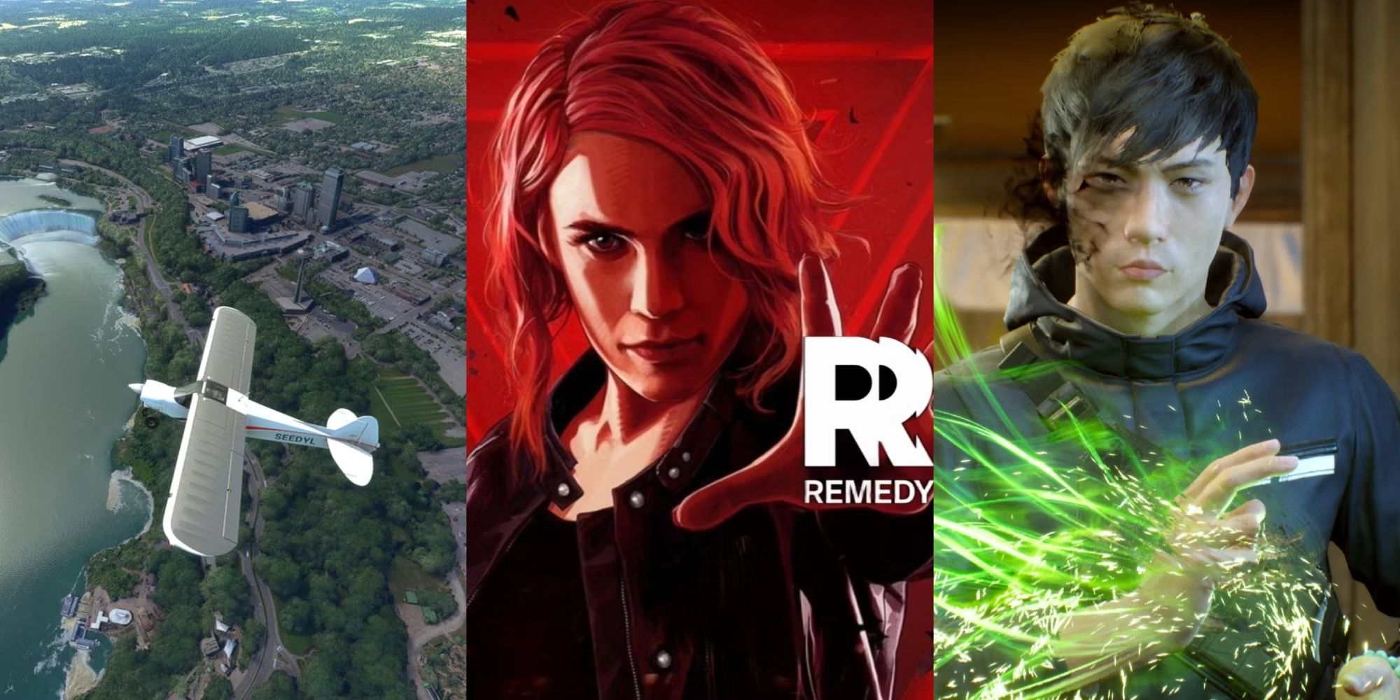 Three-image collage of a plane flying over Niagara Falls in MS Flight Sim 2020, Control's Jesse Faden with the Remedy logo over her hand, and Akito using green magic in Ghostwire: Tokyo.