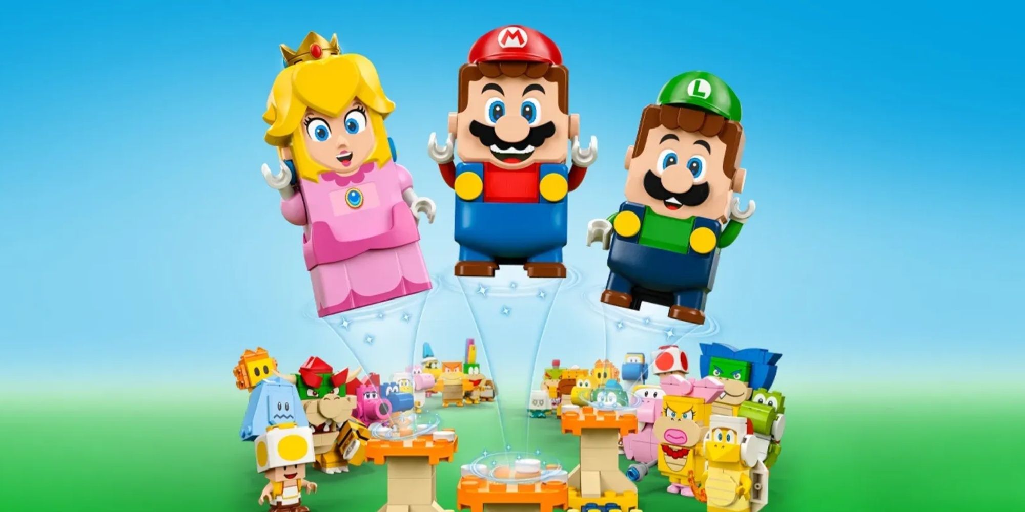 lego mario main characters jumping over supporting characters