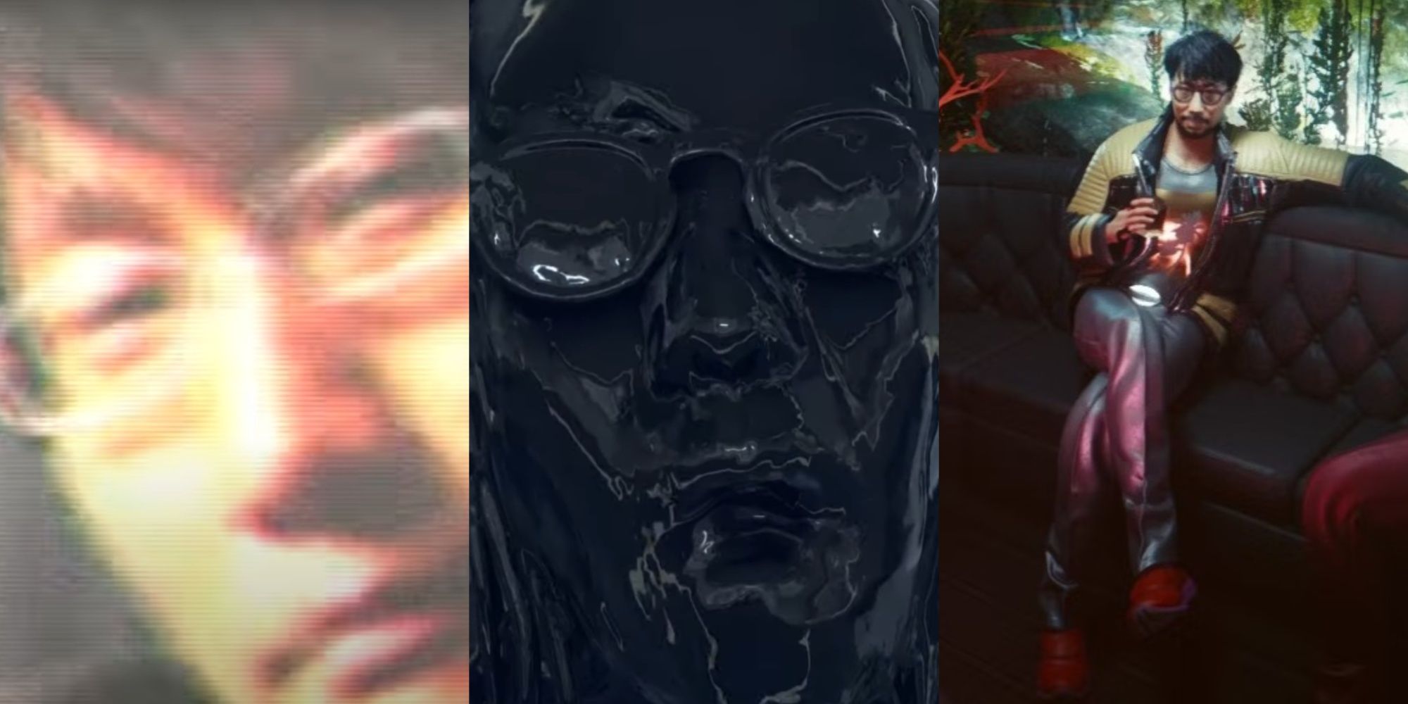 Three-image collage of Hideo Kojima in MGS4: Guns of the Patriots, Kojima as a BT in Death Stranding, and Kojima in Cyberpunk 2077.