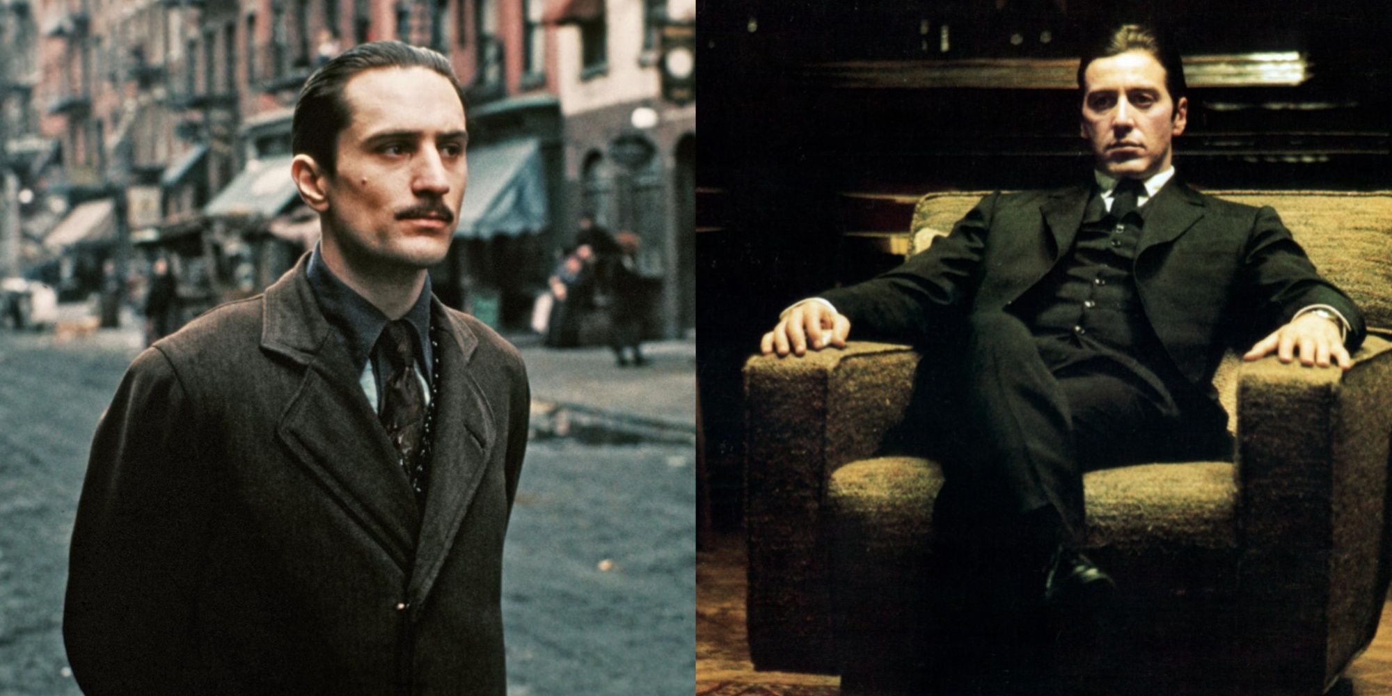 Split-image of Robert De Niro&rsquo;s Vito walking in a street of old New York, and Al Pacino&rsquo;s Michael Corleone sitting in a sofa chair and looking into the camera.