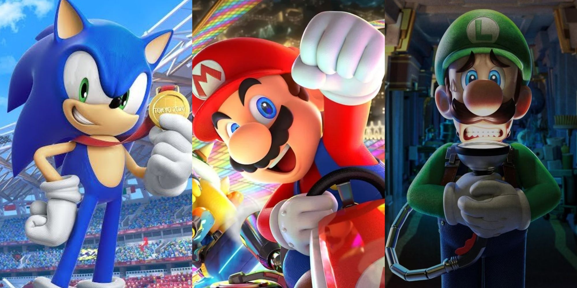 sonic holding a medal, mario in mario kart, and luigi holding a torch