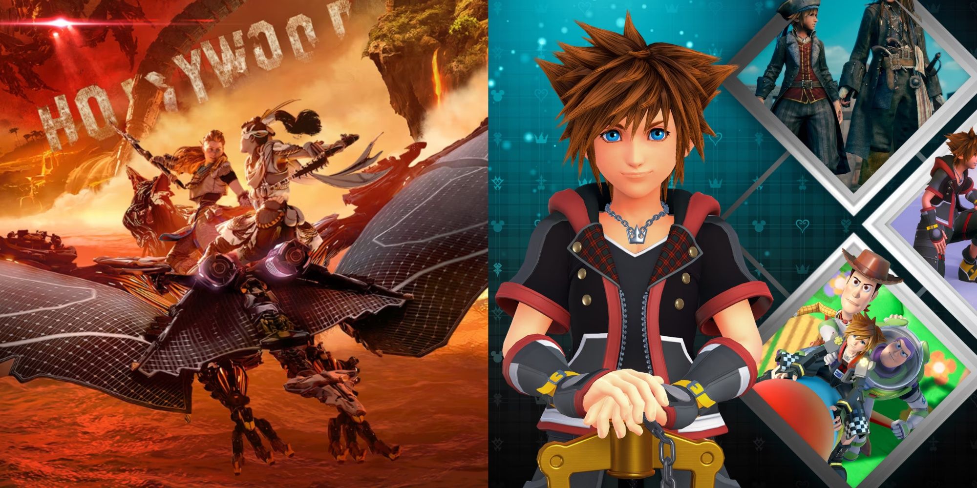 aloy riding a mech in forbidden shores, and sora from kingdom hearts