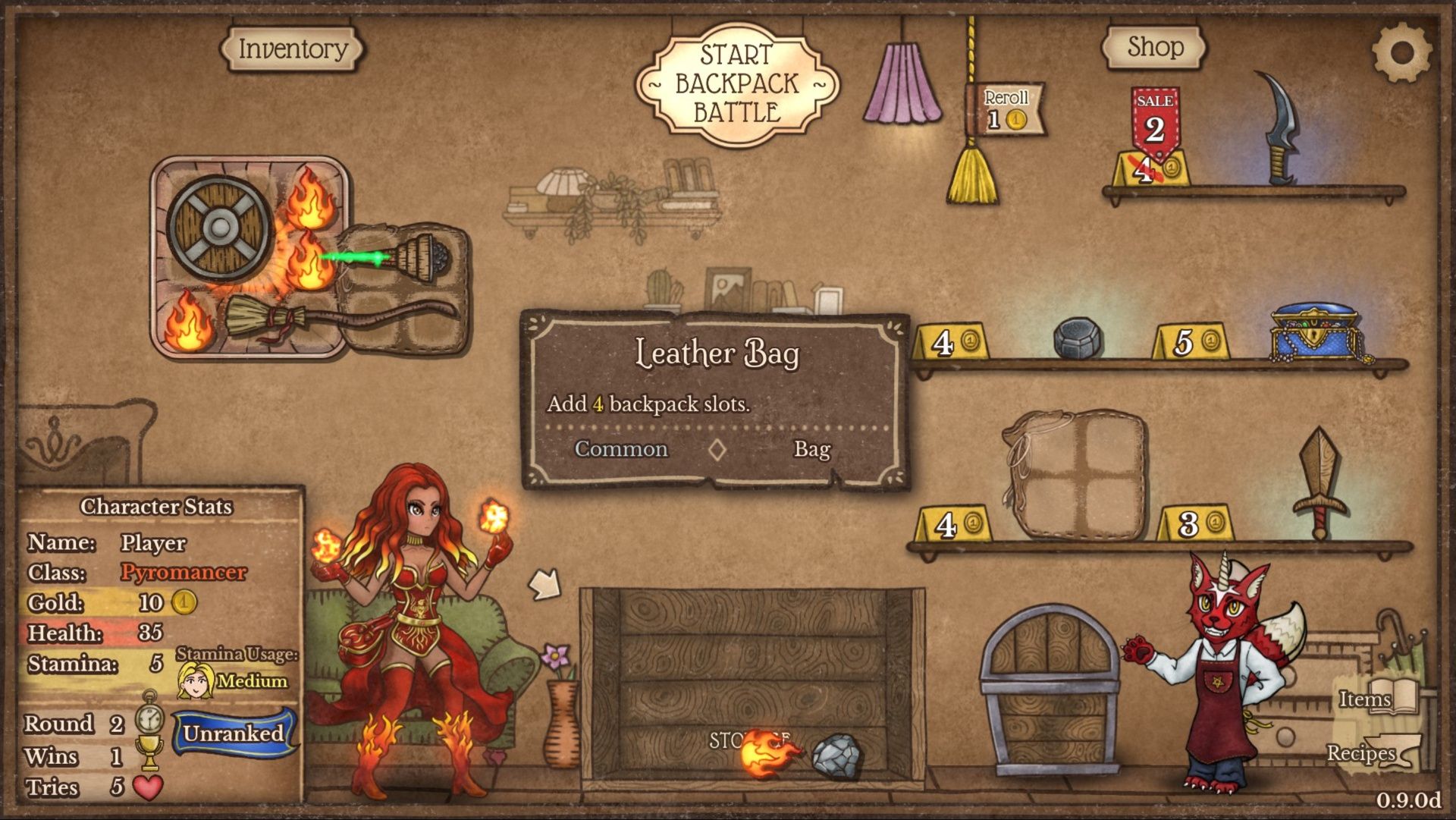 A Leather Bag for sale, which gives four backpack slots in Backpack Battles.
