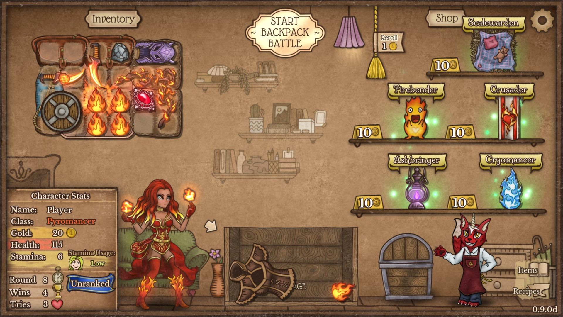 The five unique items a Pyromancer can purchase to gain a sub-class in Backpack Battles.
