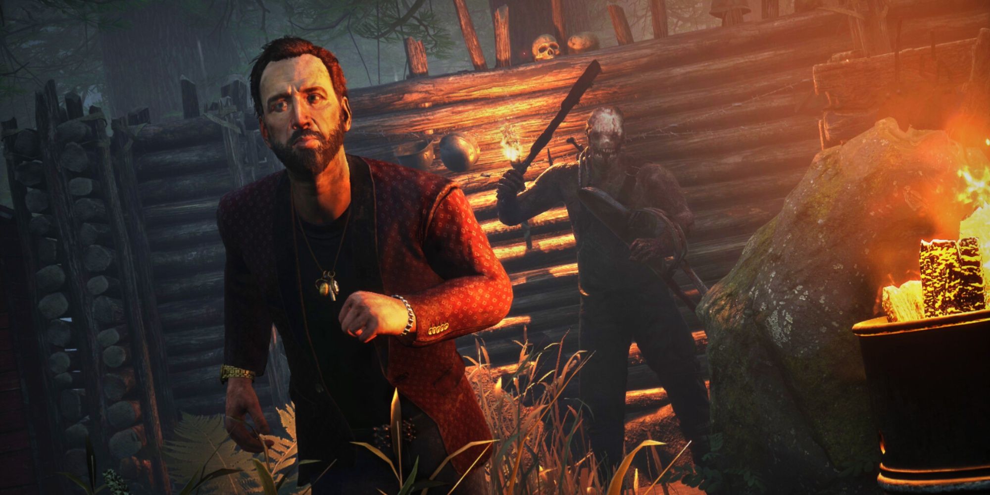 Survivor Nicolas Cage running away from a machete-wielding killer behind him in Dead By Daylight.