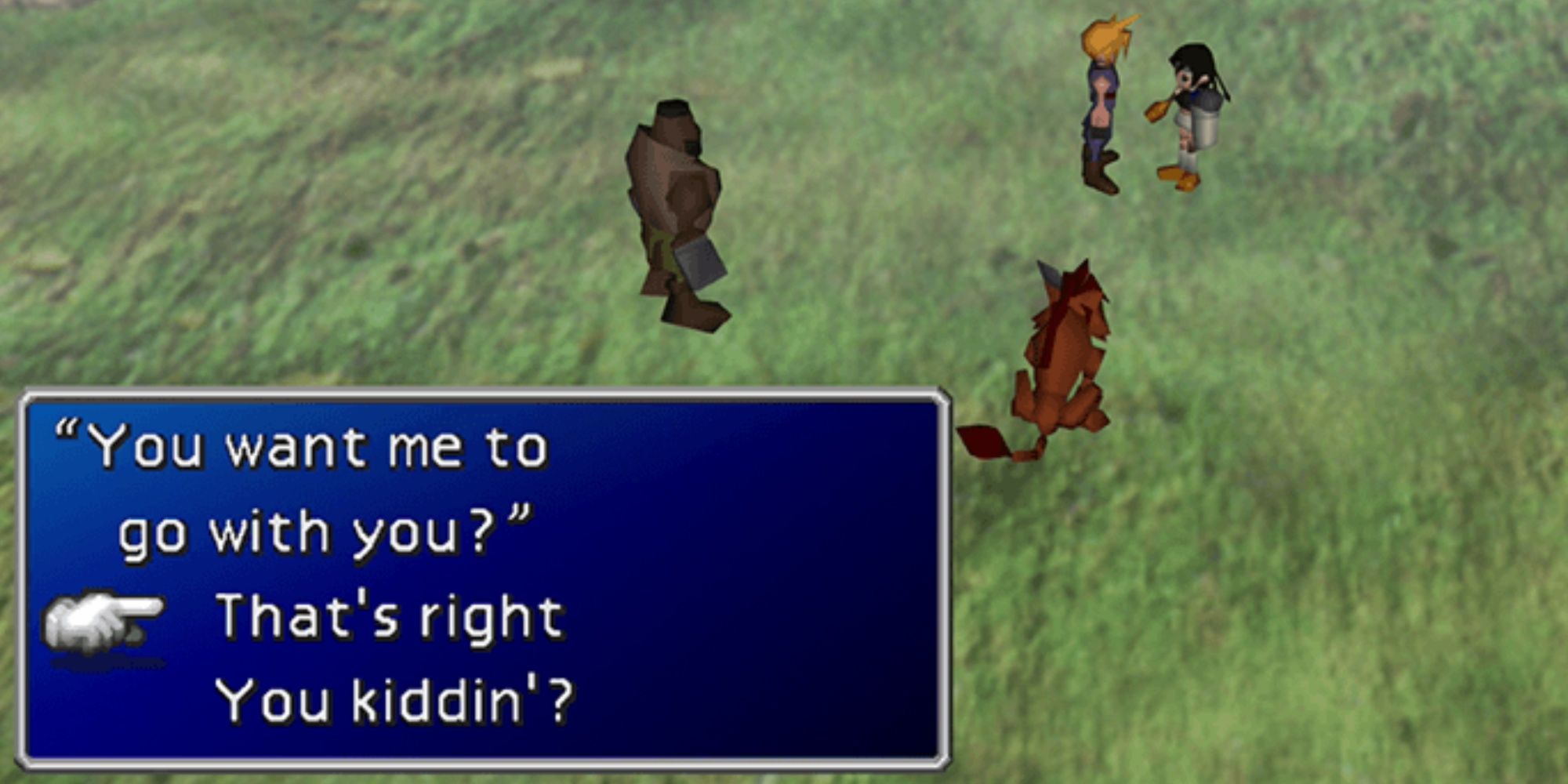 Cloud, Barret and Red XIII stand across from Yuffie in an open field in Final Fantasy 7. There is a text box, where Yuffie says 