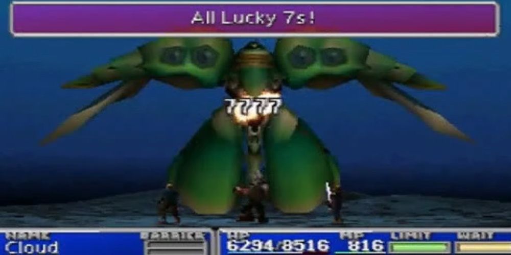 Cloud, Barret and Cid face Emerald Weapon at the bottom of the ocean as the All Lucky 7's feature triggers.