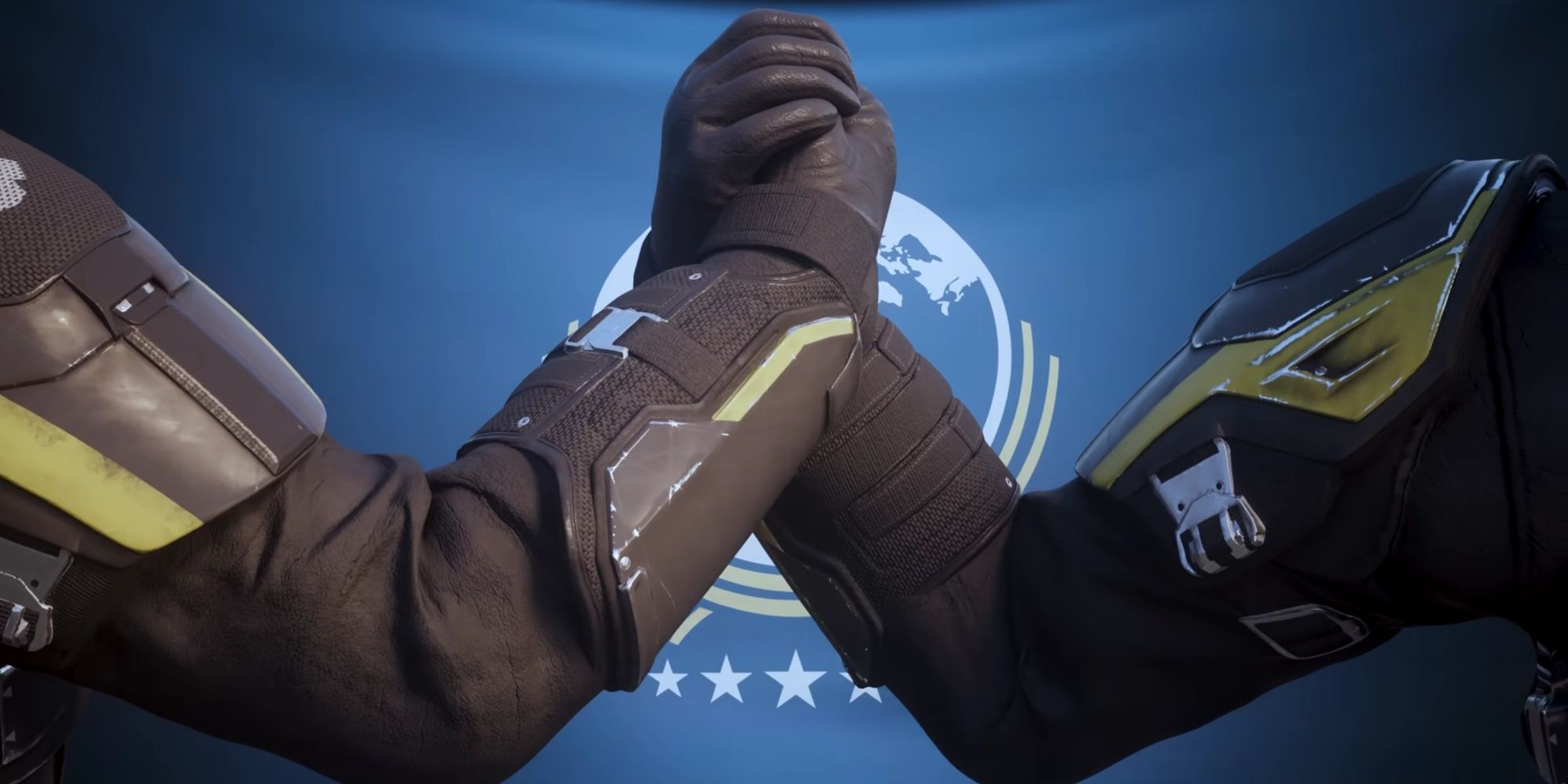helldivers shaking hands in front of a super earth flag