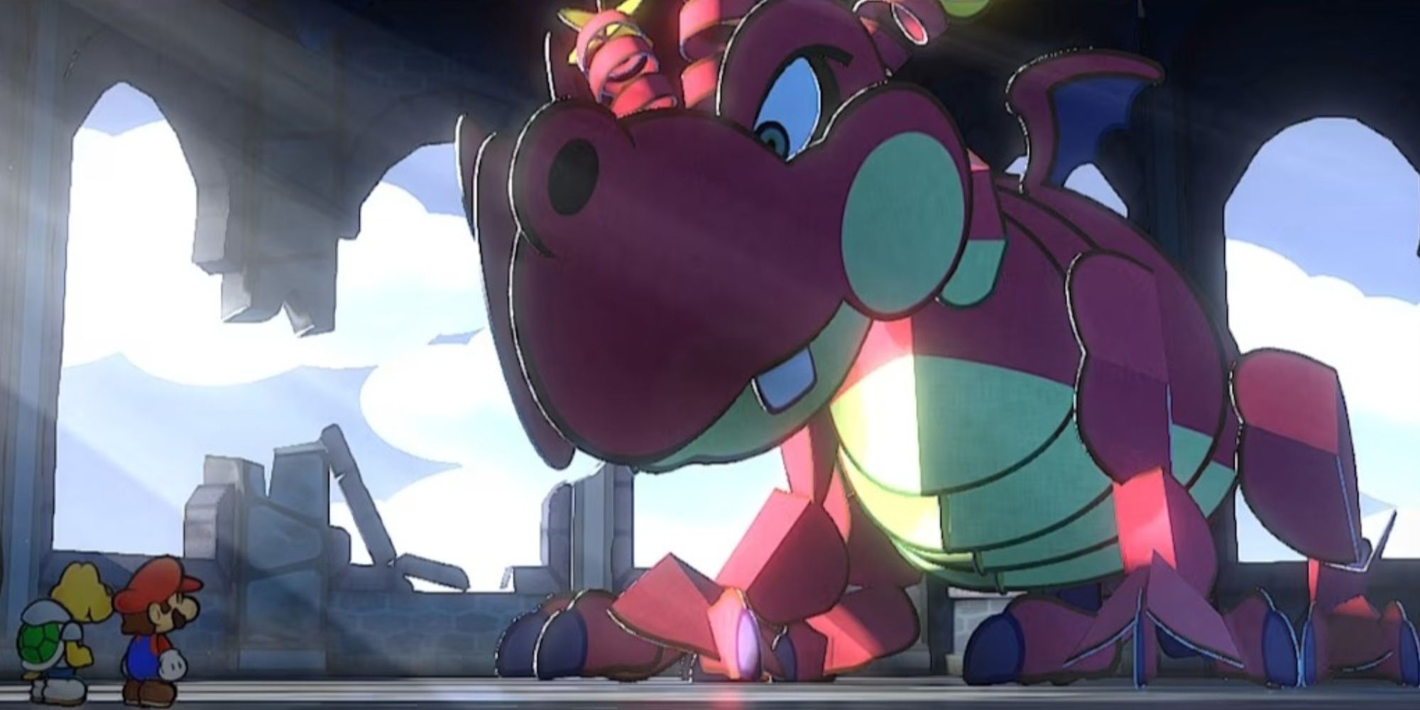 mario and a koopa confronting a dragon in paper mario the thousand-year door