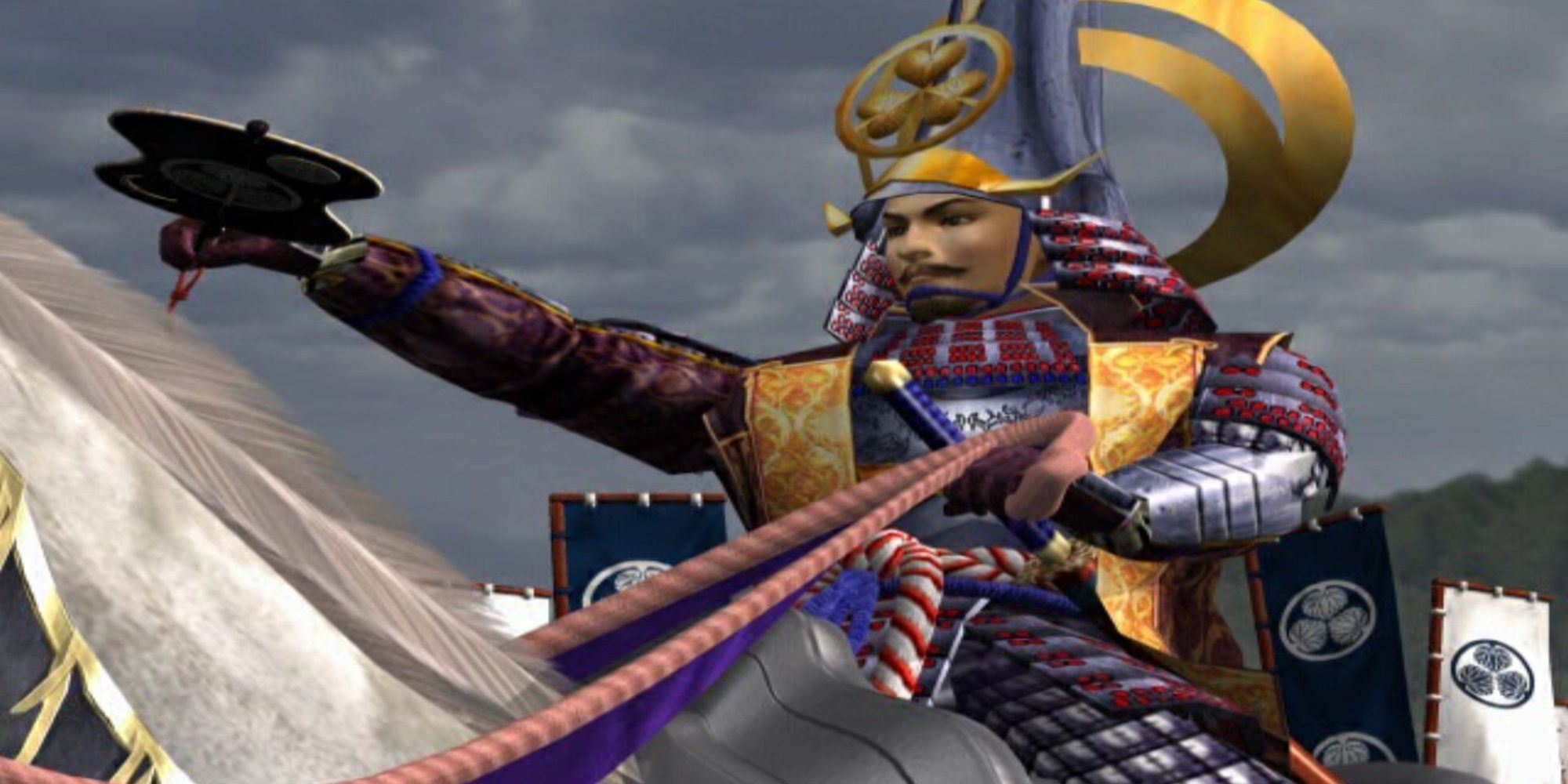 Close-up of a samurai on a horse giving a command to the army, bannermen seen behind the character.