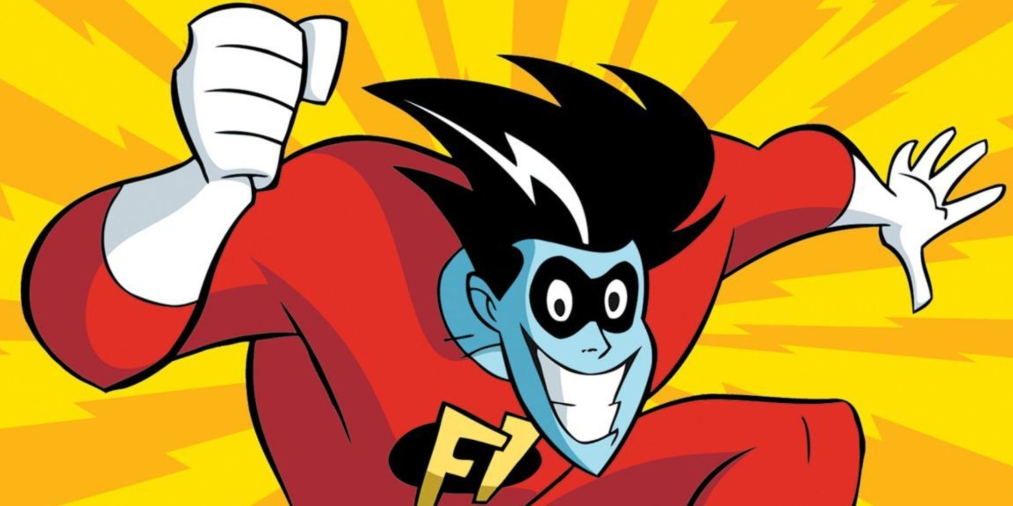 Close-up of Freakazoid from the animated series in the red superhero costume amid a yellow and orange background.