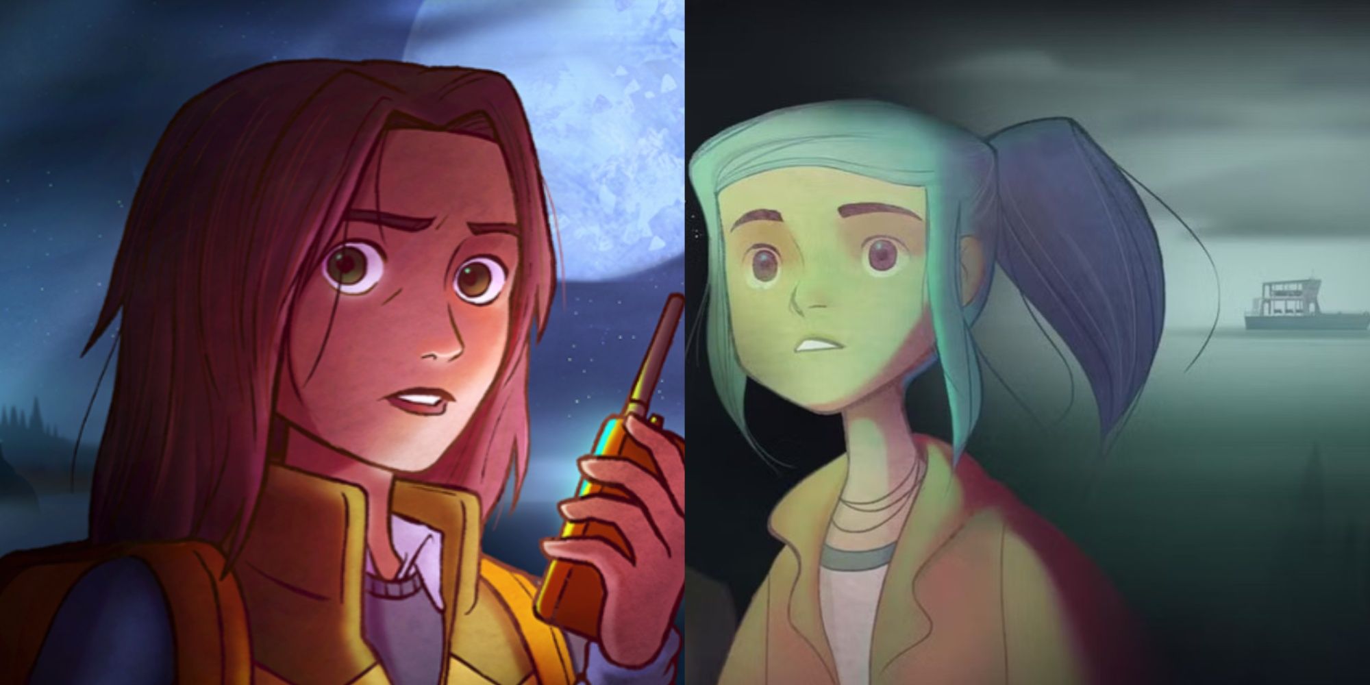 Split-image of Riley from Oxenfree 2 talking into a walkie-talkie and a close-up of Alex from the original Oxenfree, the boat visible in the background.