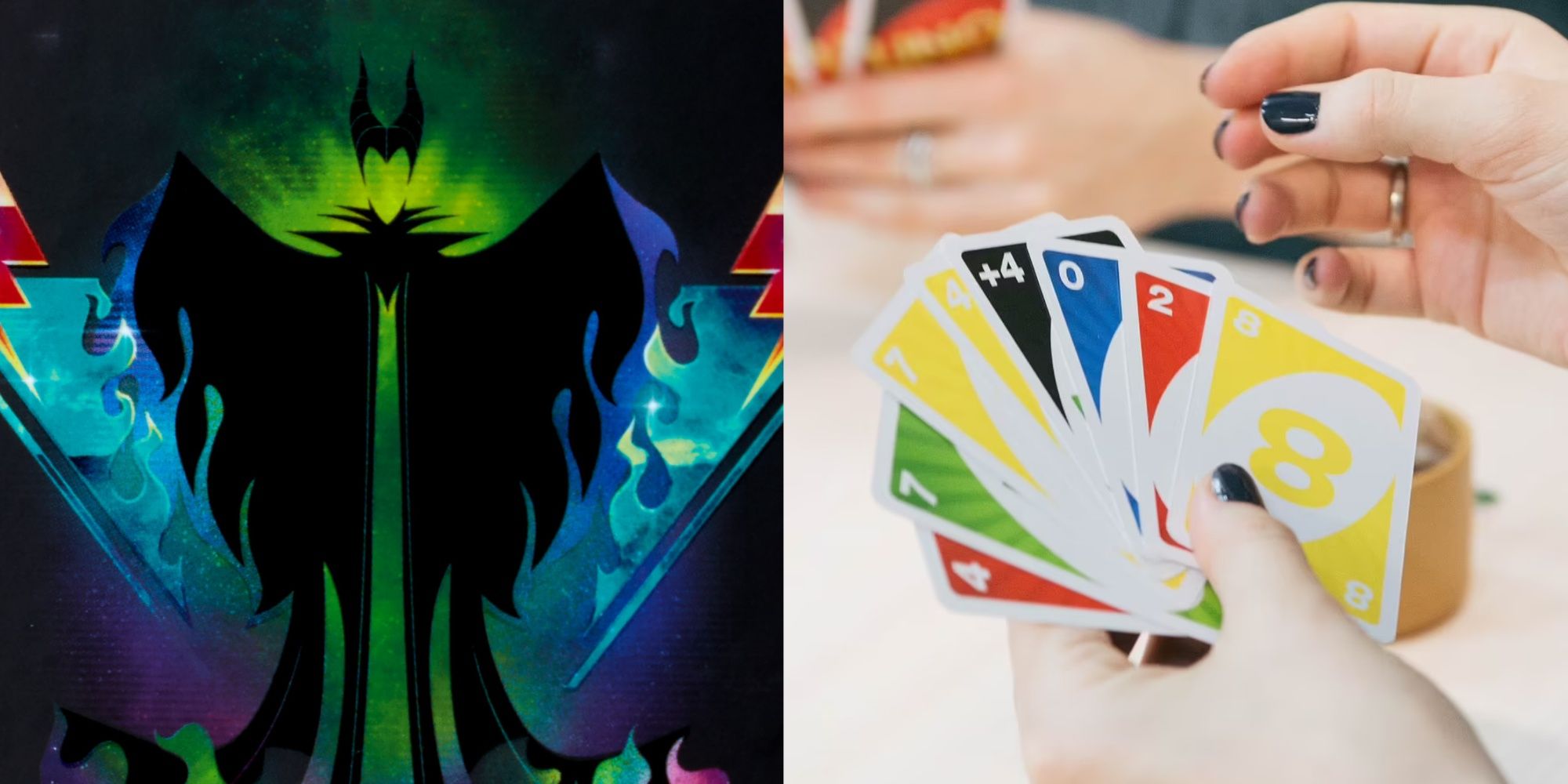 disney villains uno fandom maleficent art, and someone holding a hand of uno cards
