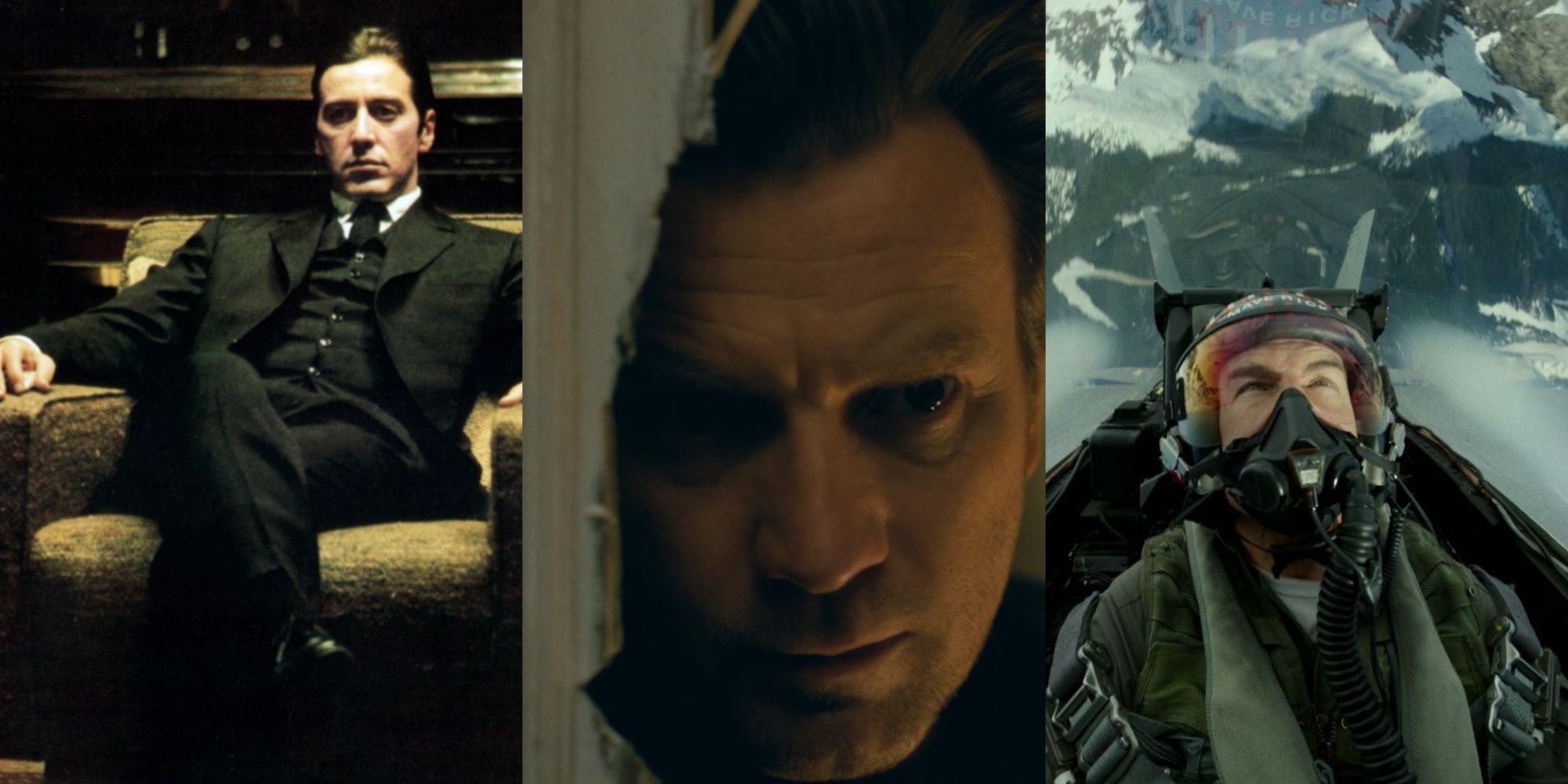 Three-image collage of Al Pacino in The Godfather Part 2, Ewan McGregor in Doctor Sleep, and Tom Cruise in Top Gun: Maverick.