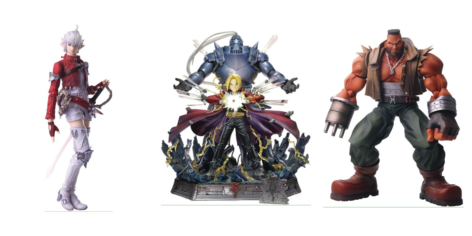 Alizaie from FF14, Ed and Al from Full Metal Alchemist and Barret from FF7 figures from Square Enix side by si