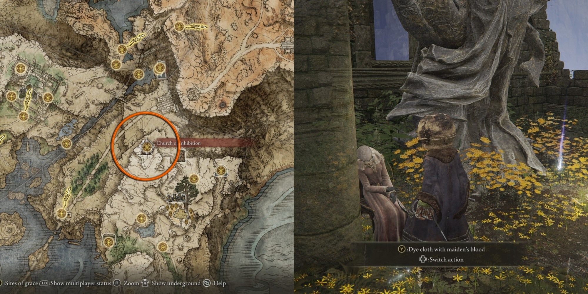 Collage of Church of Inhibition map location and Jarhead-wearing Tarnished finding dead maiden in Elden Ring