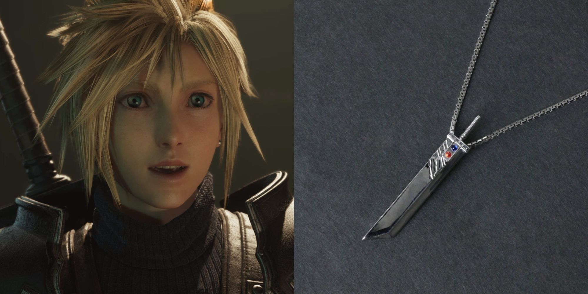 cloud in final fantasy 7 rebirth, and a buster sword necklace with red and blue materia