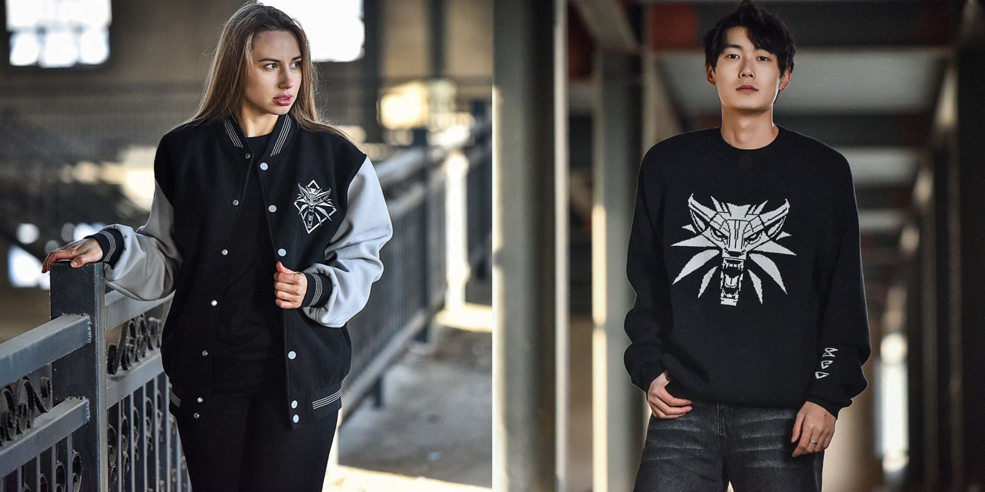 woman in a witcher jacket, and man in a witcher jumper