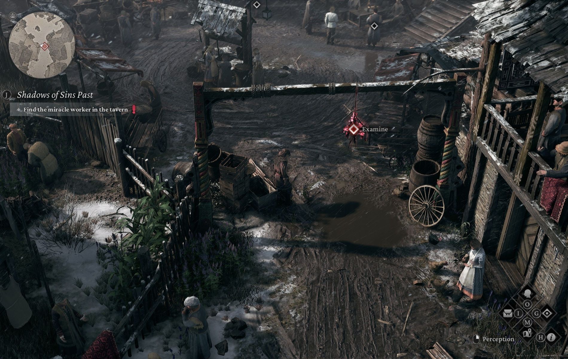 An item hanging on a nearby post for Wictor to examine in The Thaumaturge.