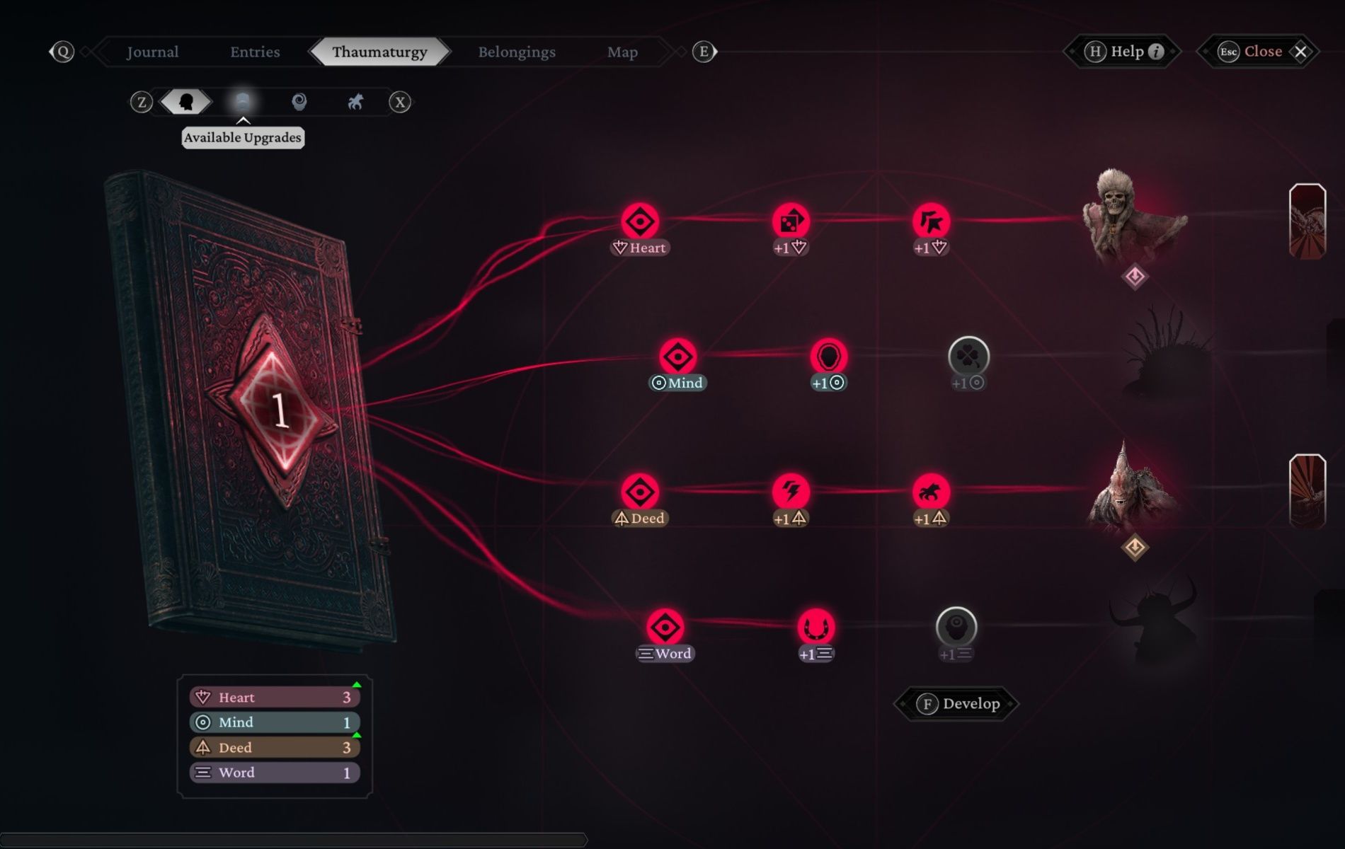 The beginning Dimension Force upgrades for Heart, Mind, Deed, and Word in The Thaumaturge.