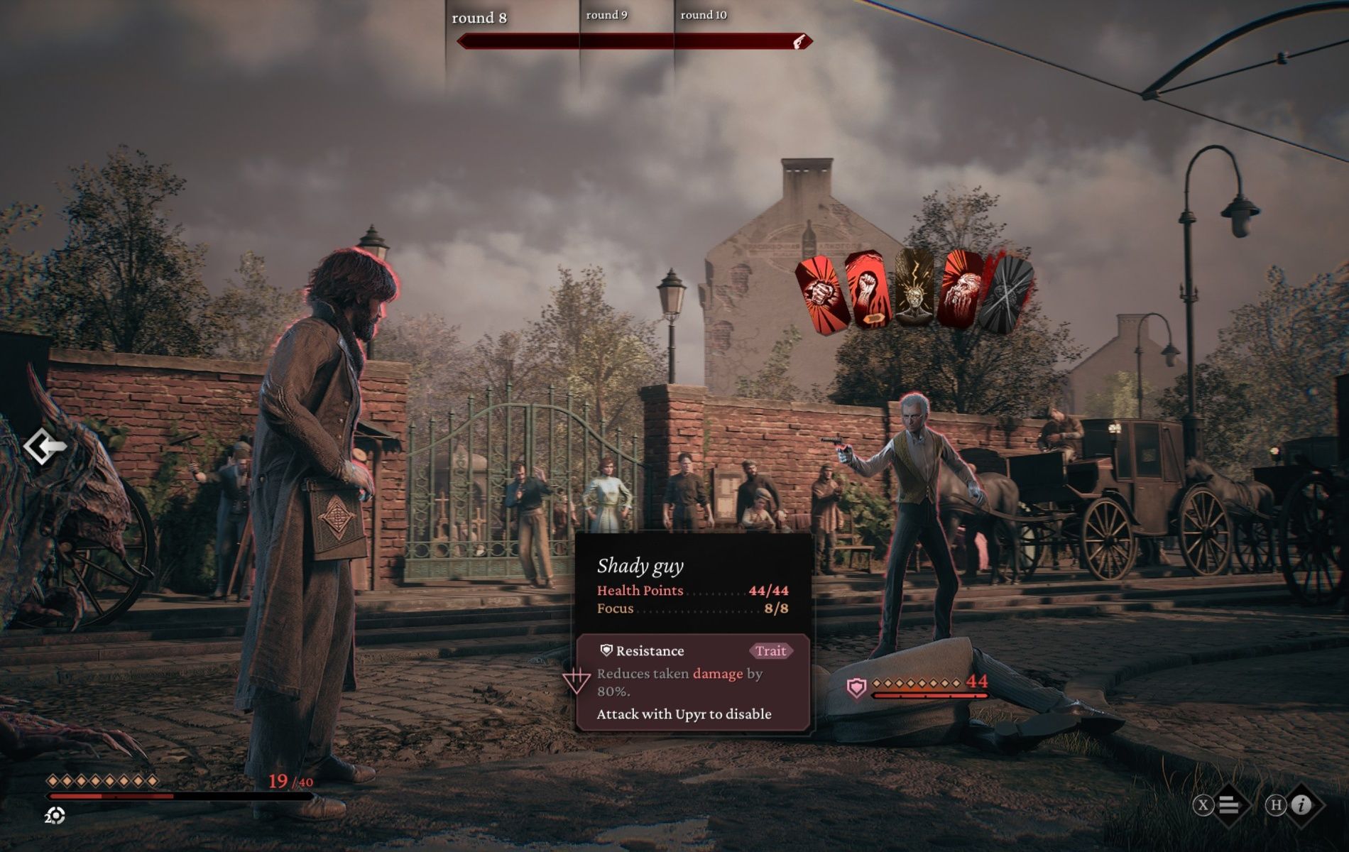 Wictor fighting a shady guy in front of a Warsaw cemetery in The Thaumaturge.