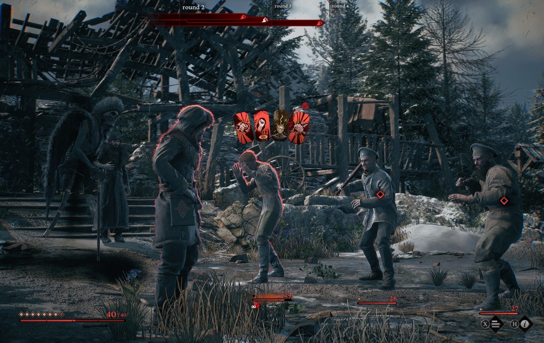 Wictor fighting three people at once with a Salutor helping him in The Thaumaturge.