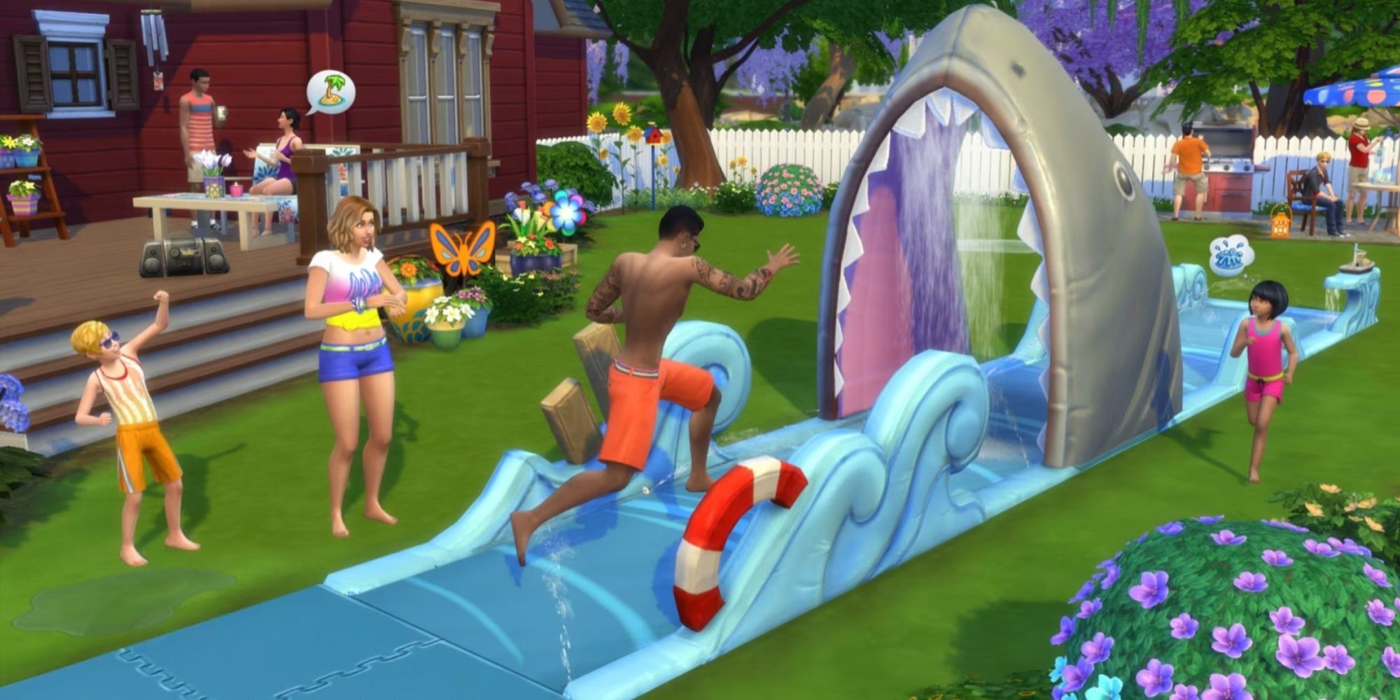 sims playing with a shark slip n slide in the sims 4 backyard stuff