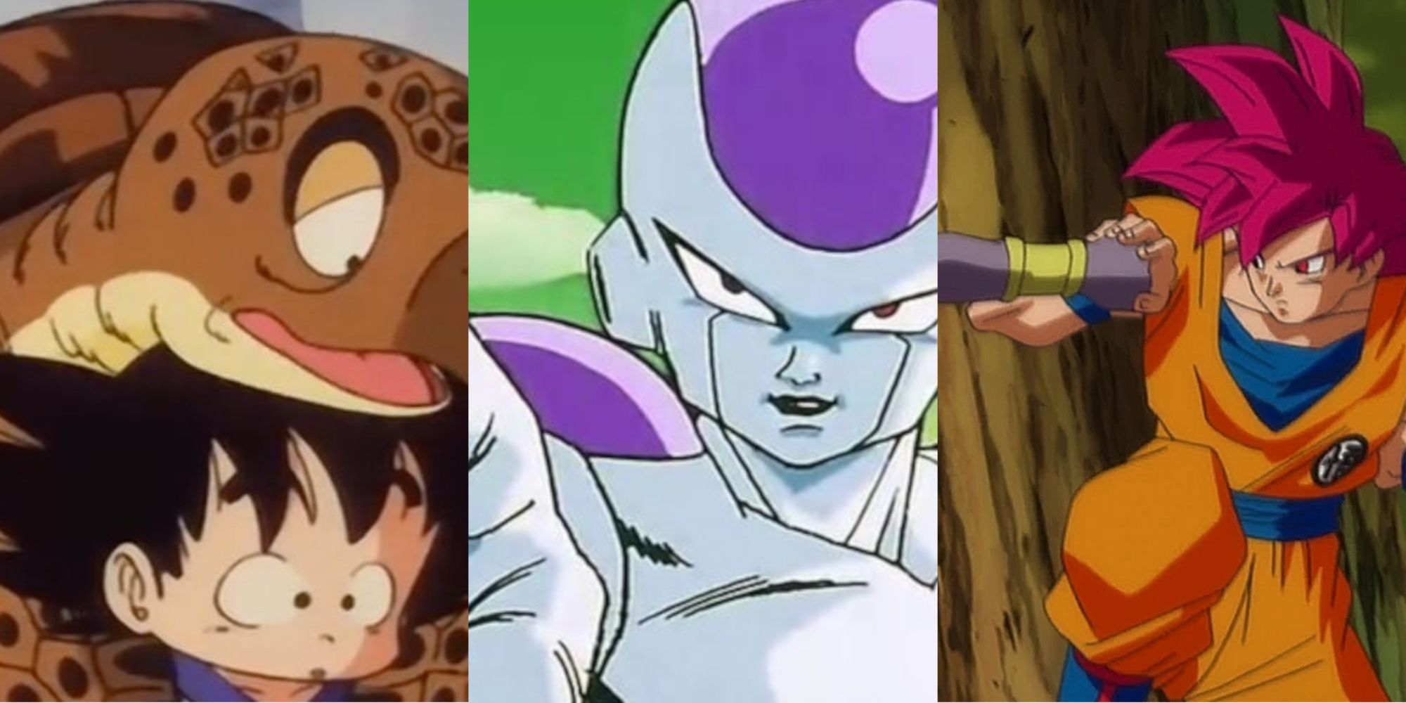 Split image featuring stills from the original Dragon Ball anime, DBZ, and Super