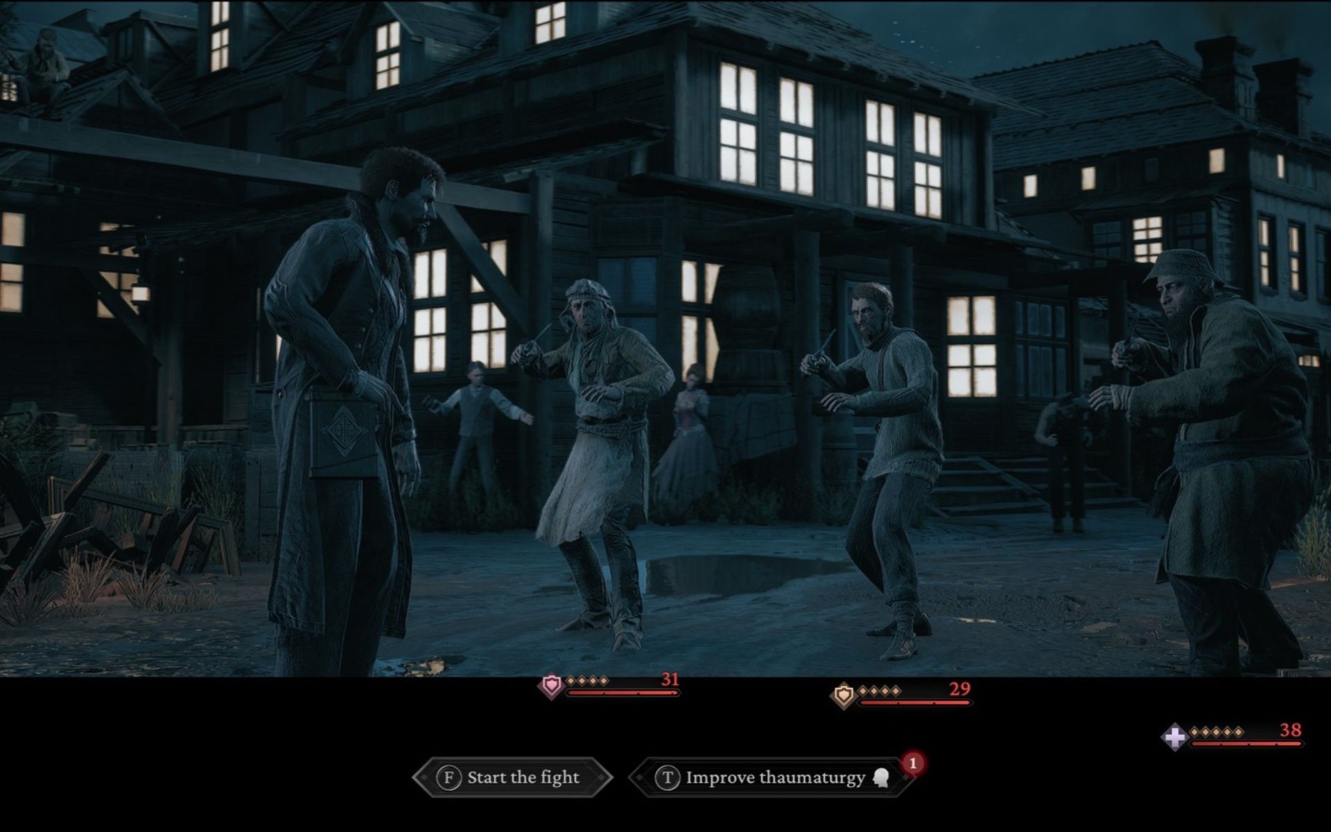 Wictor preparing to fight against three Anglers in The Thaumaturge.
