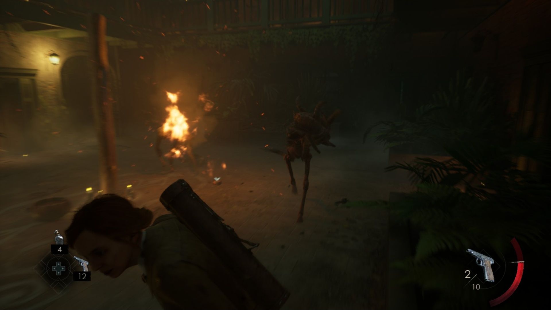 Emily running to the side to avoid two monsters in Alone In The Dark.
