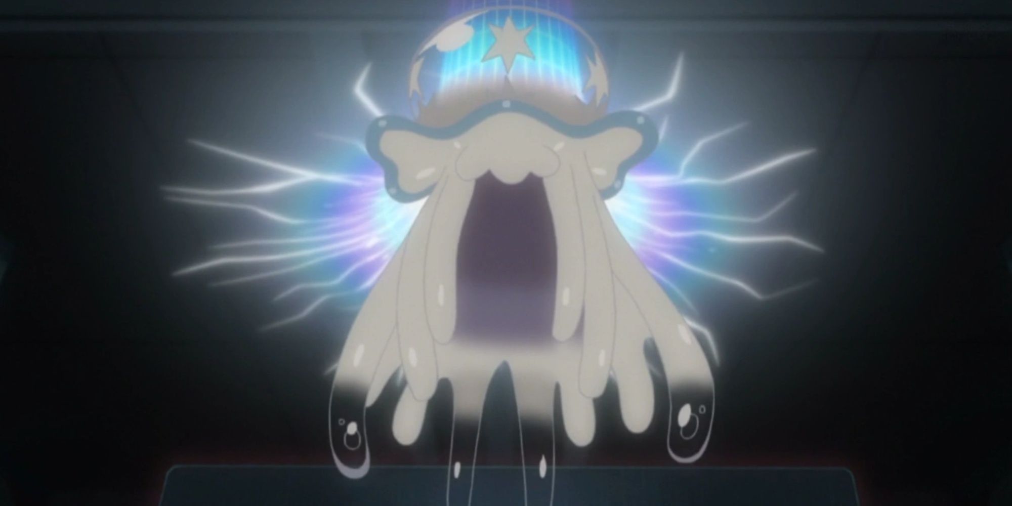  Nihilego from the Pokemon anime, sparking with multiculoured lightning.