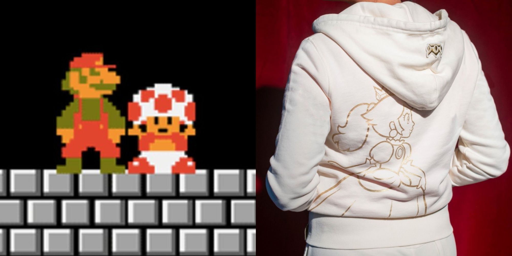 mario and toad in super mario bros, and the cream hoodie from nintendo's peach collection